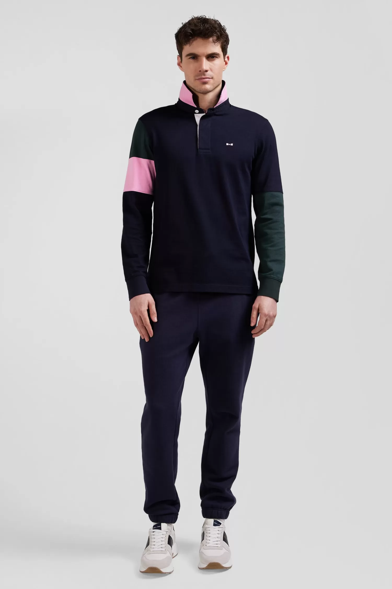 Eden Park Regular green long-sleeved cotton rugby shirt with tie fabric patchwork< Rugby Shirts