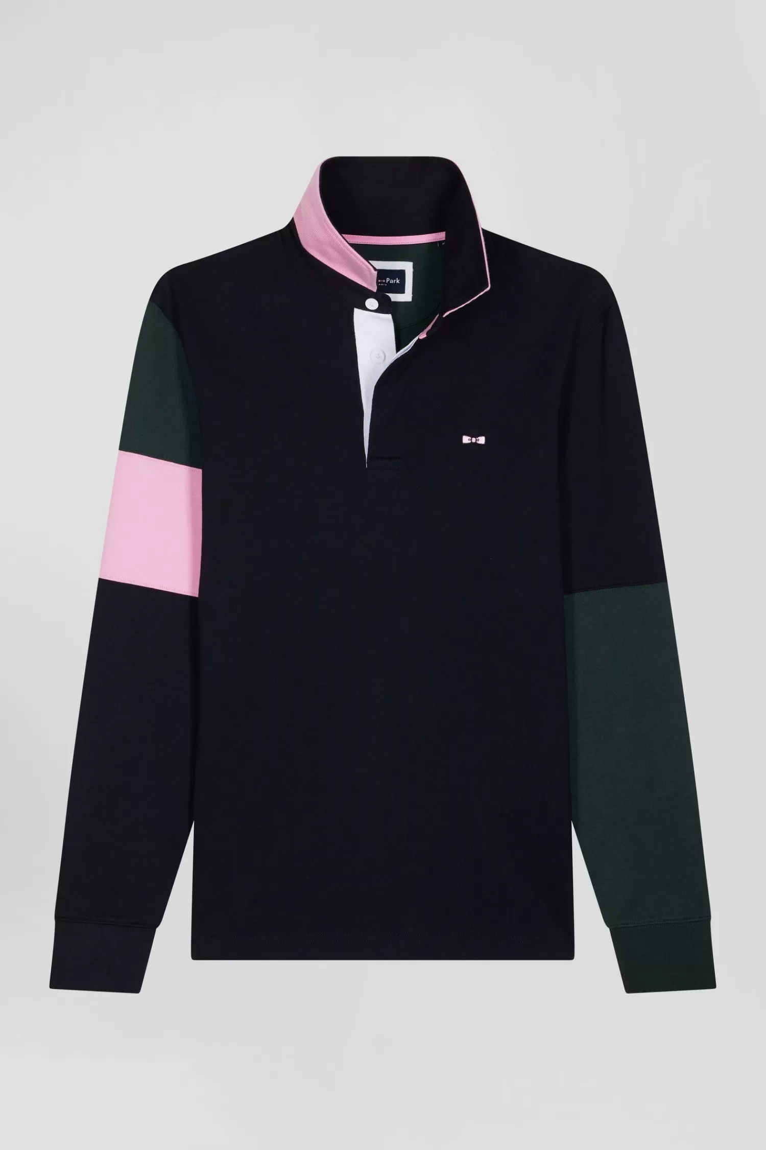 Eden Park Regular green long-sleeved cotton rugby shirt with tie fabric patchwork< Rugby Shirts