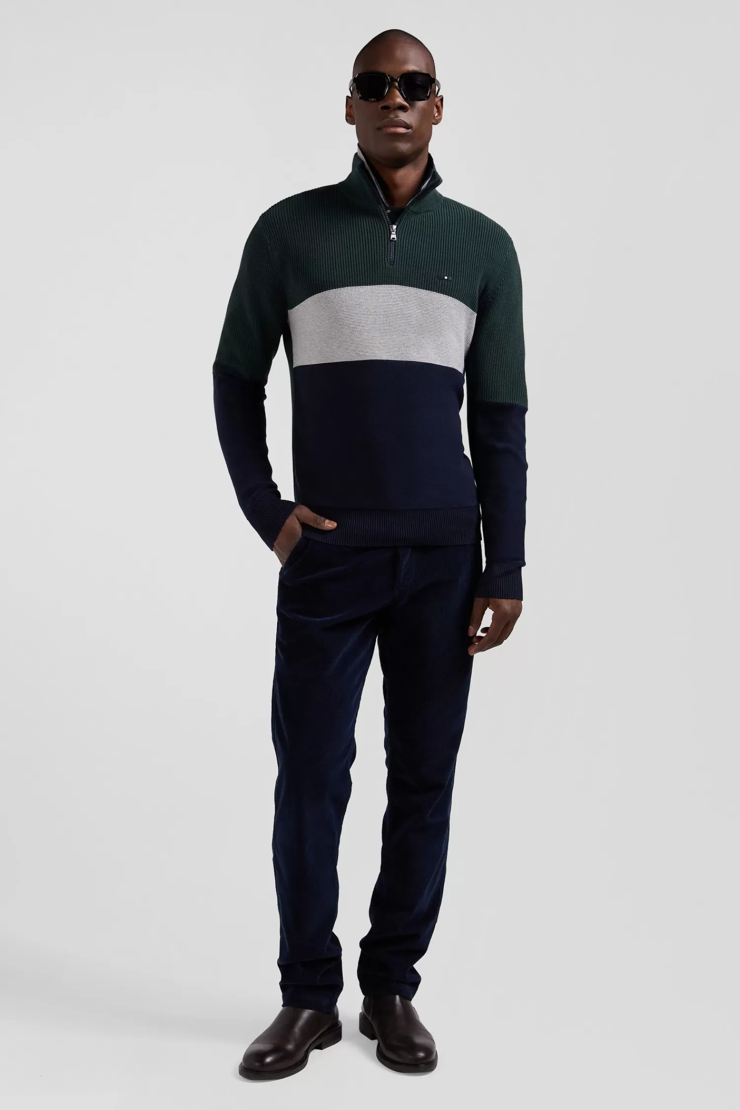 Eden Park Regular green semi-zipped cotton jumper with knit patterns< Sweaters