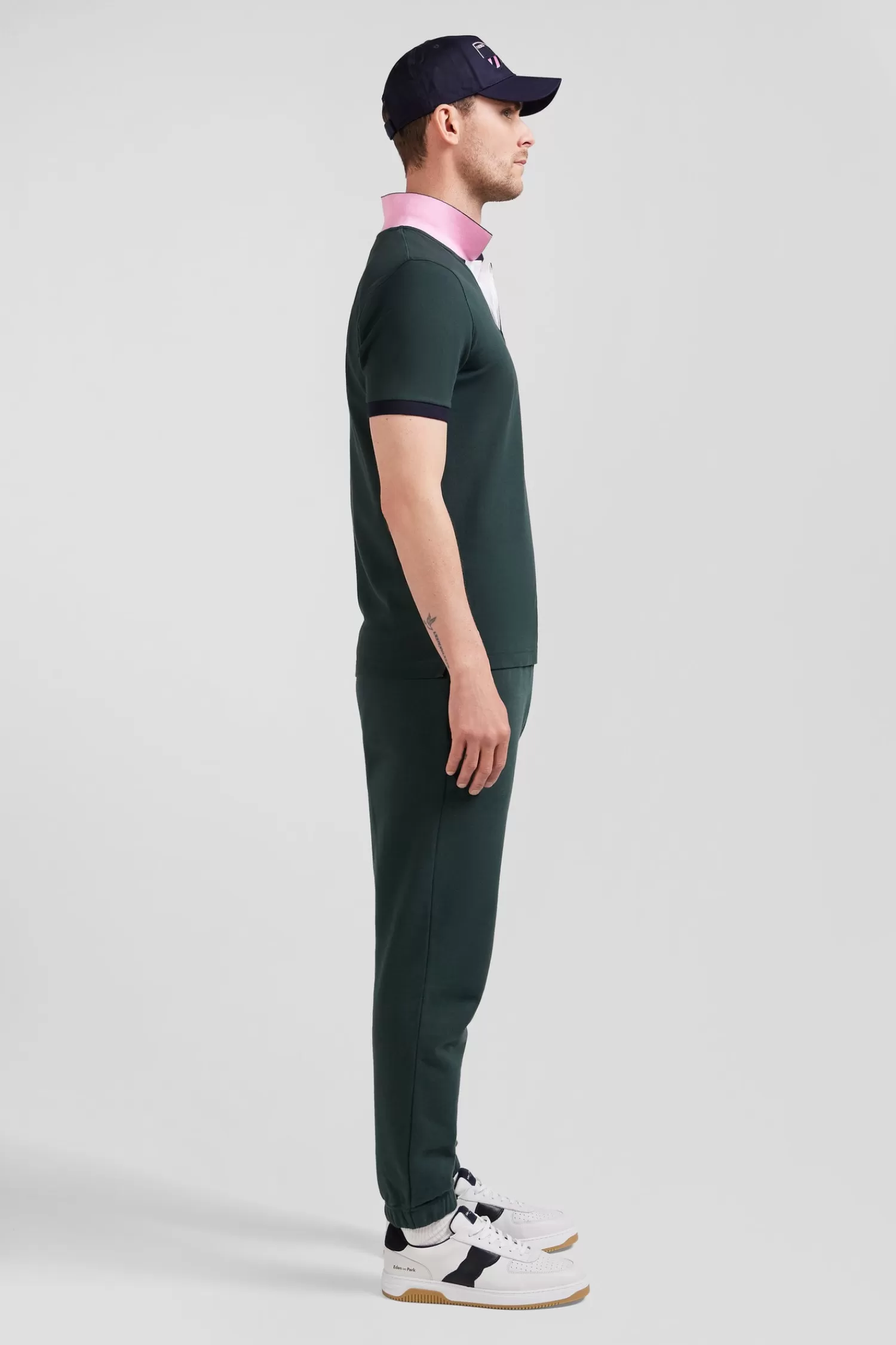 Eden Park Regular green short-sleeved cotton piqué polo shirt with striped embroidery< Polos