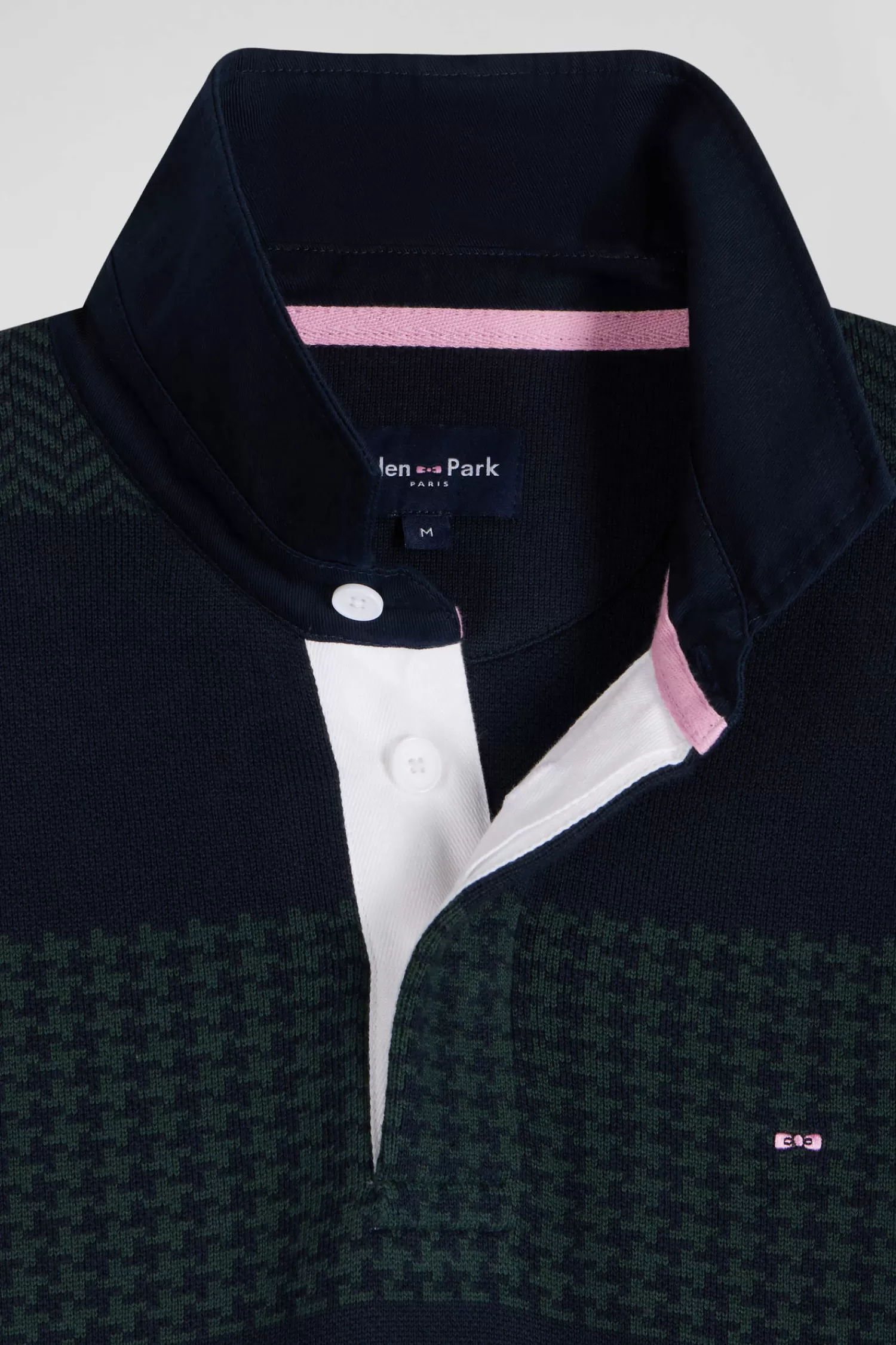 regular_green_striped_cotton_jersey_jumper_with_houndstooth_jacquard_and_and_rugby_shirt_collar_7.webp Eden Park Regular green striped cotton jersey jumper with houndstooth jacquard and and rugby shirt collar< Sweaters