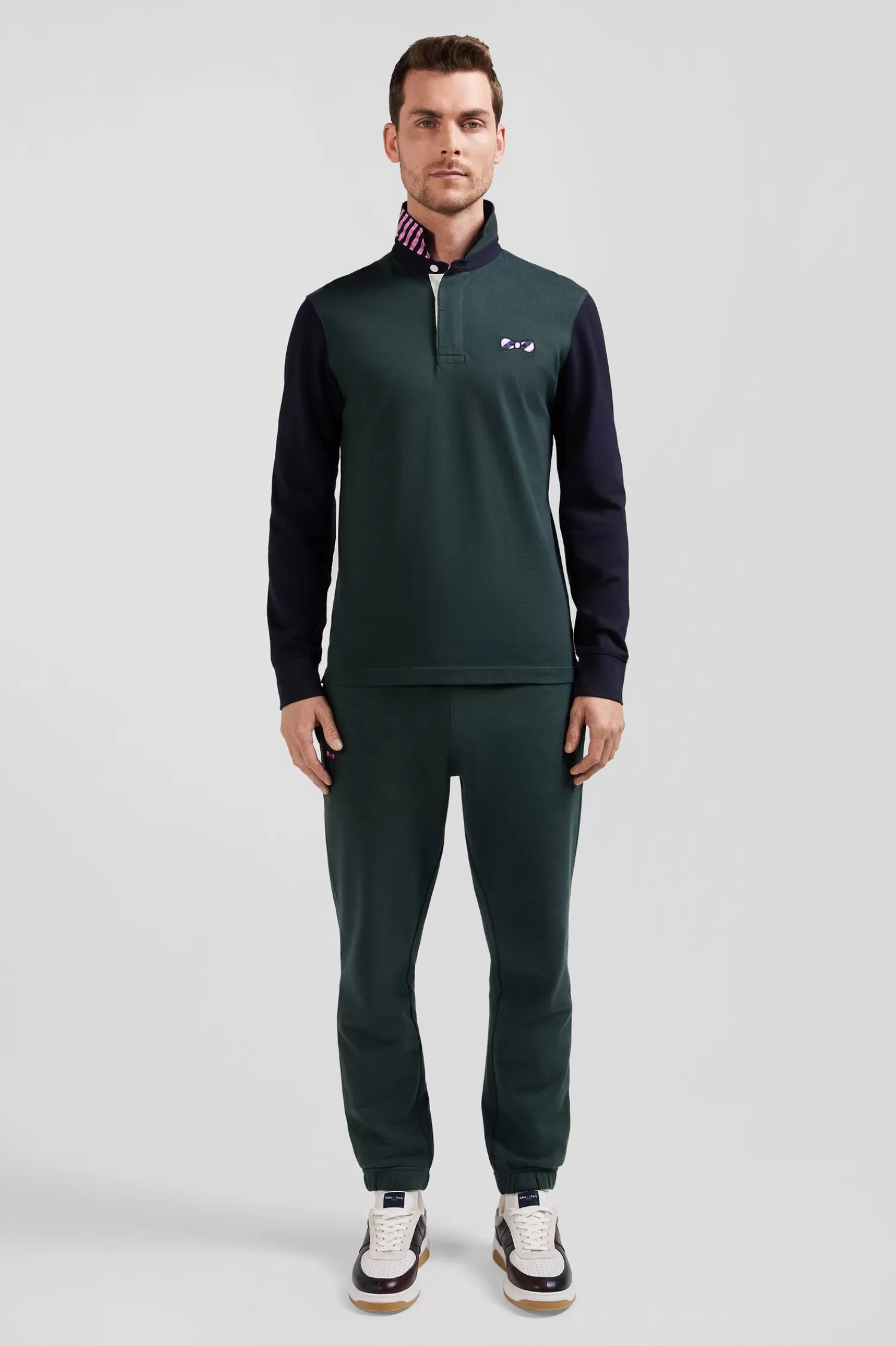 Eden Park Regular green striped long-sleeved cotton rugby shirt with tie fabric patchwork< Rugby Shirts