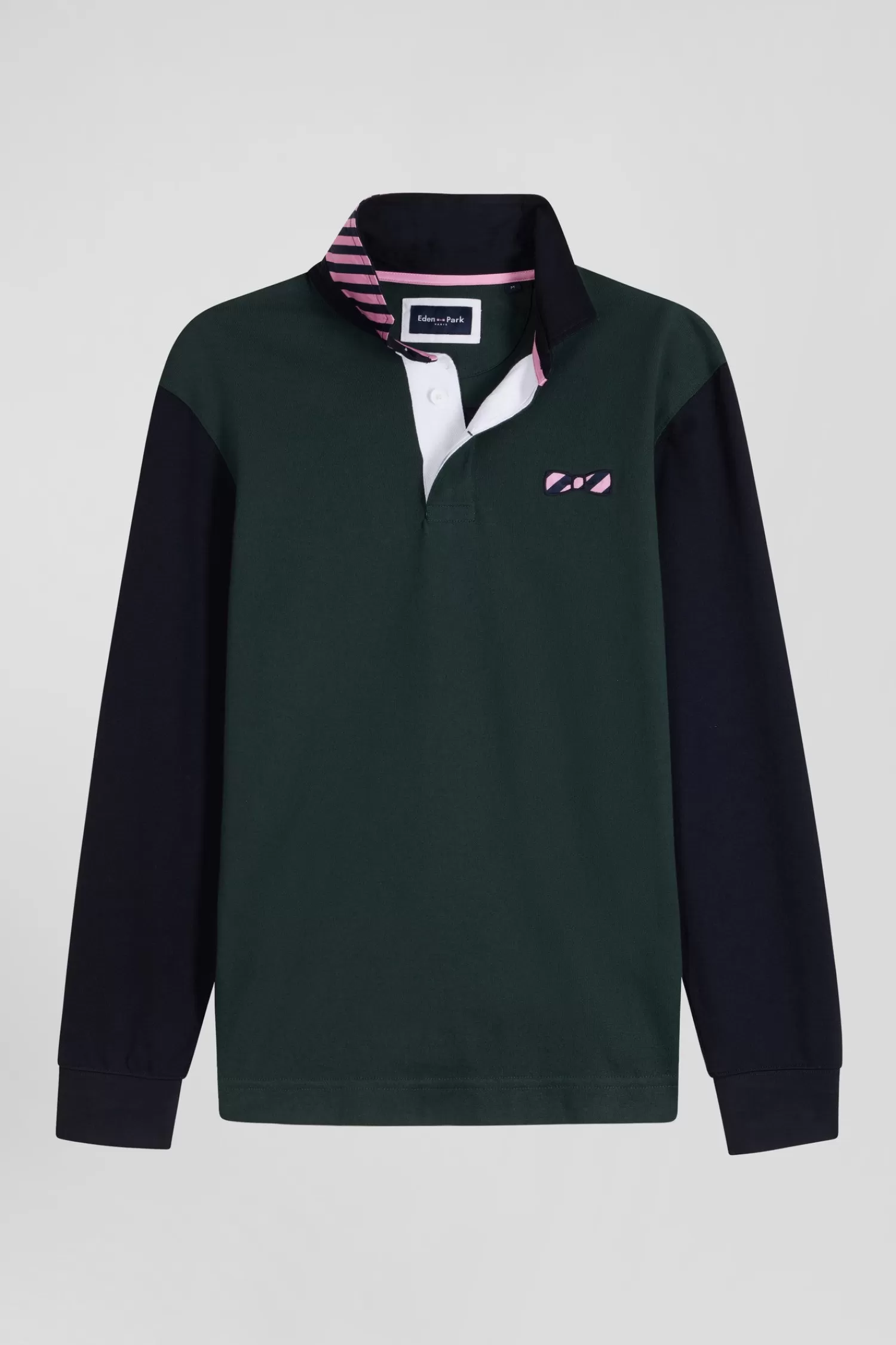 Eden Park Regular green striped long-sleeved cotton rugby shirt with tie fabric patchwork< Rugby Shirts