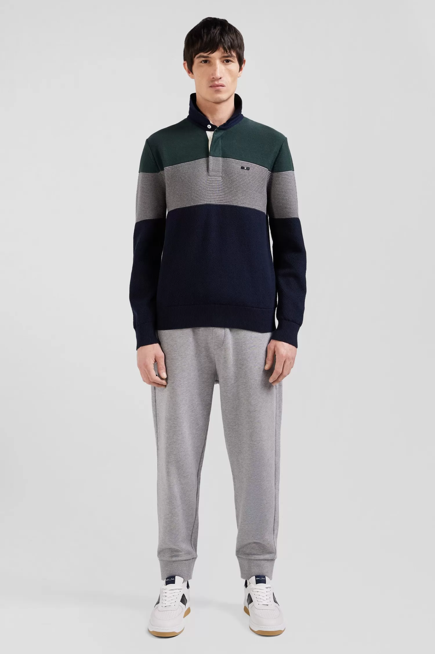 Eden Park Regular green wool and cotton jumper with knit patterns and rugby shirt collar< Sweaters