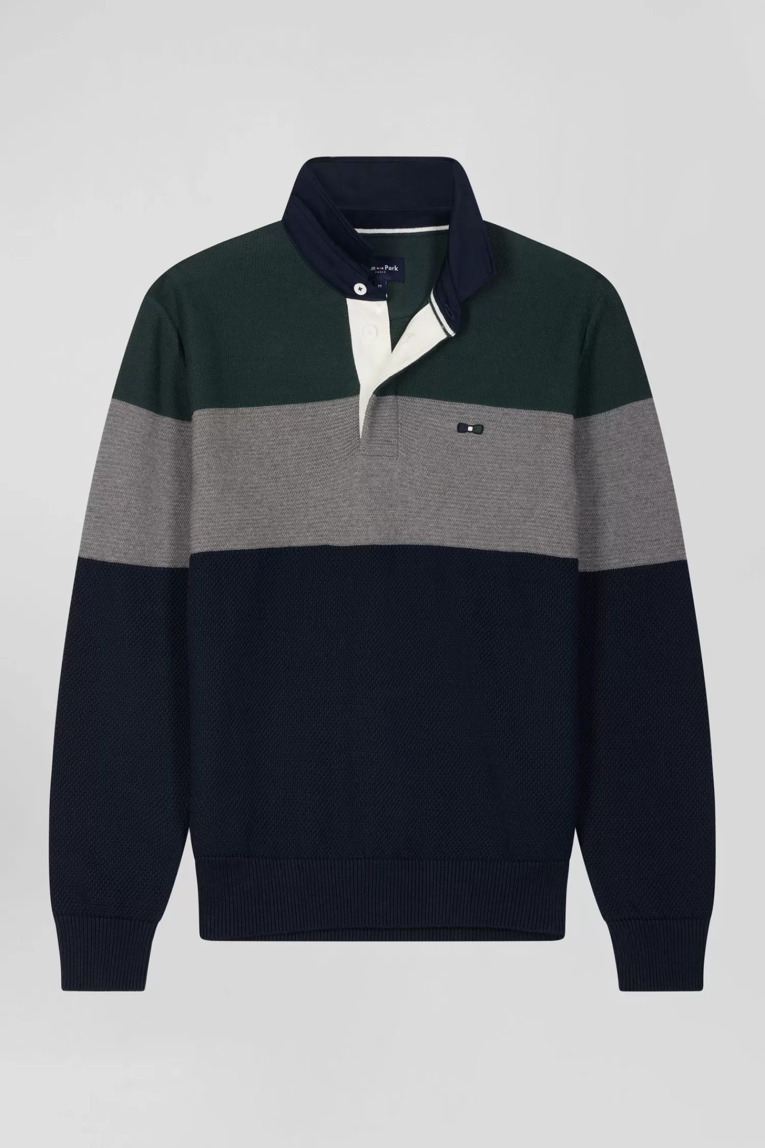 Eden Park Regular green wool and cotton jumper with knit patterns and rugby shirt collar< Sweaters