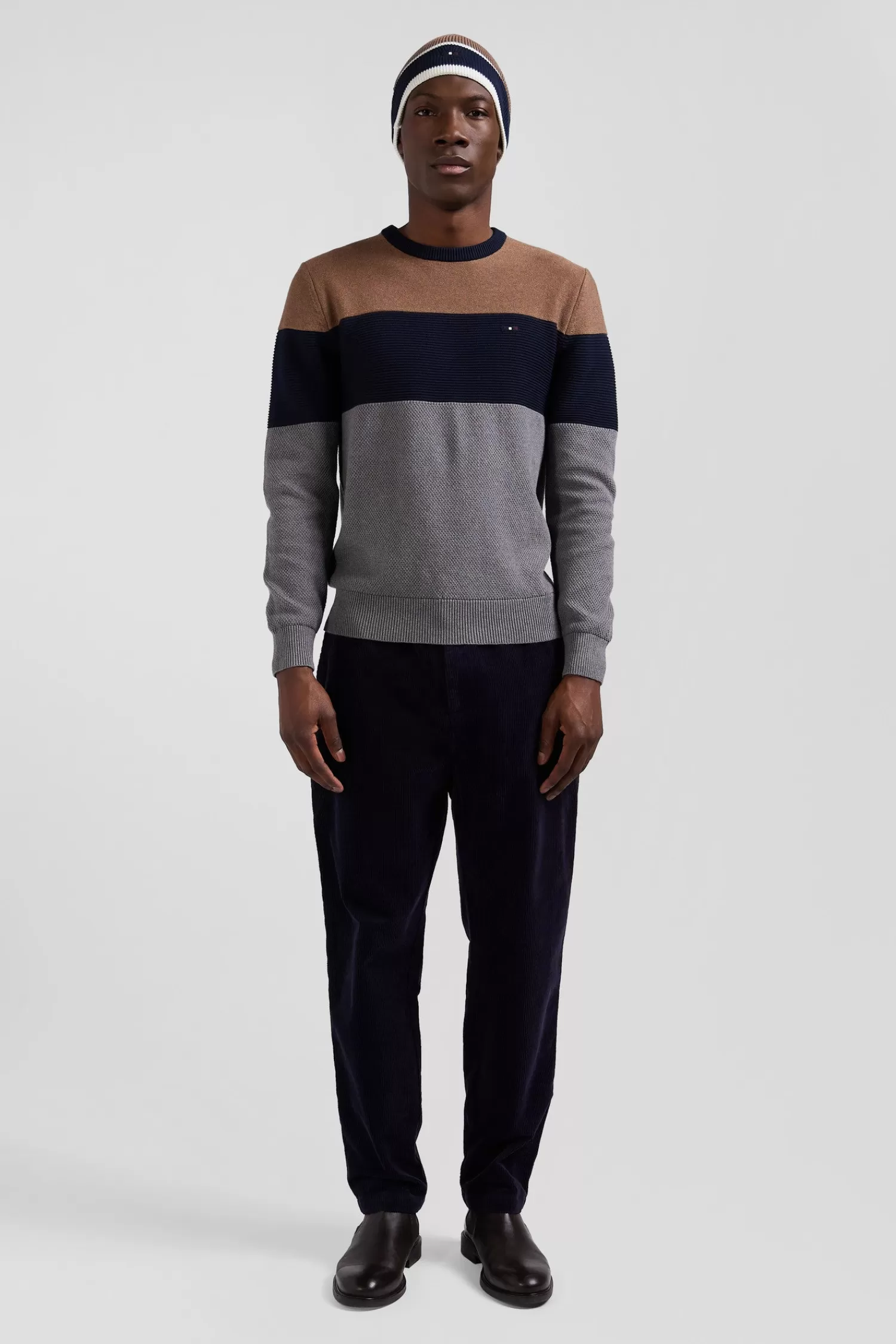 Eden Park Regular grey and camel cotton crew neck jumper with knit patterns< Sweaters