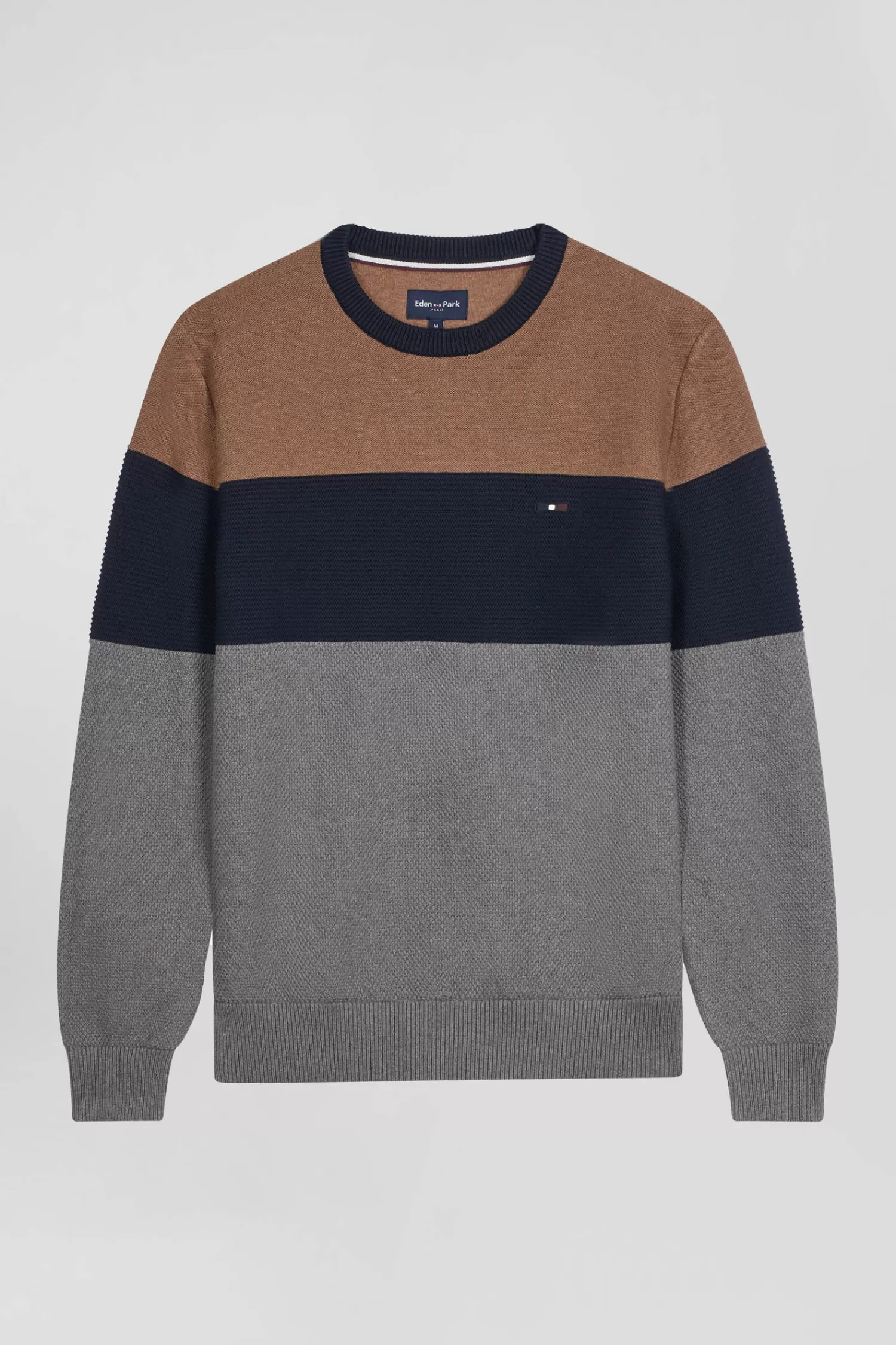Eden Park Regular grey and camel cotton crew neck jumper with knit patterns< Sweaters