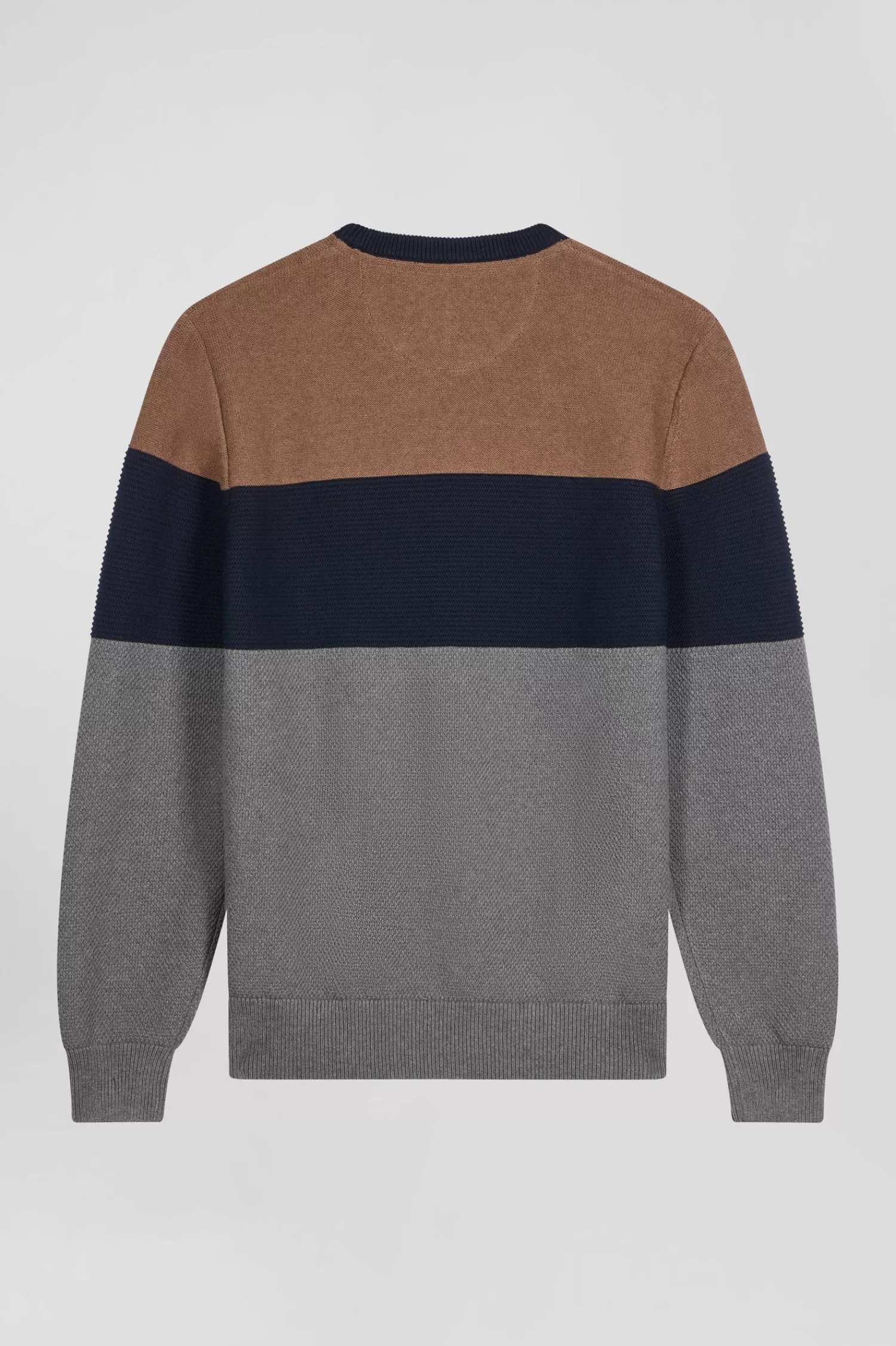 Eden Park Regular grey and camel cotton crew neck jumper with knit patterns< Sweaters