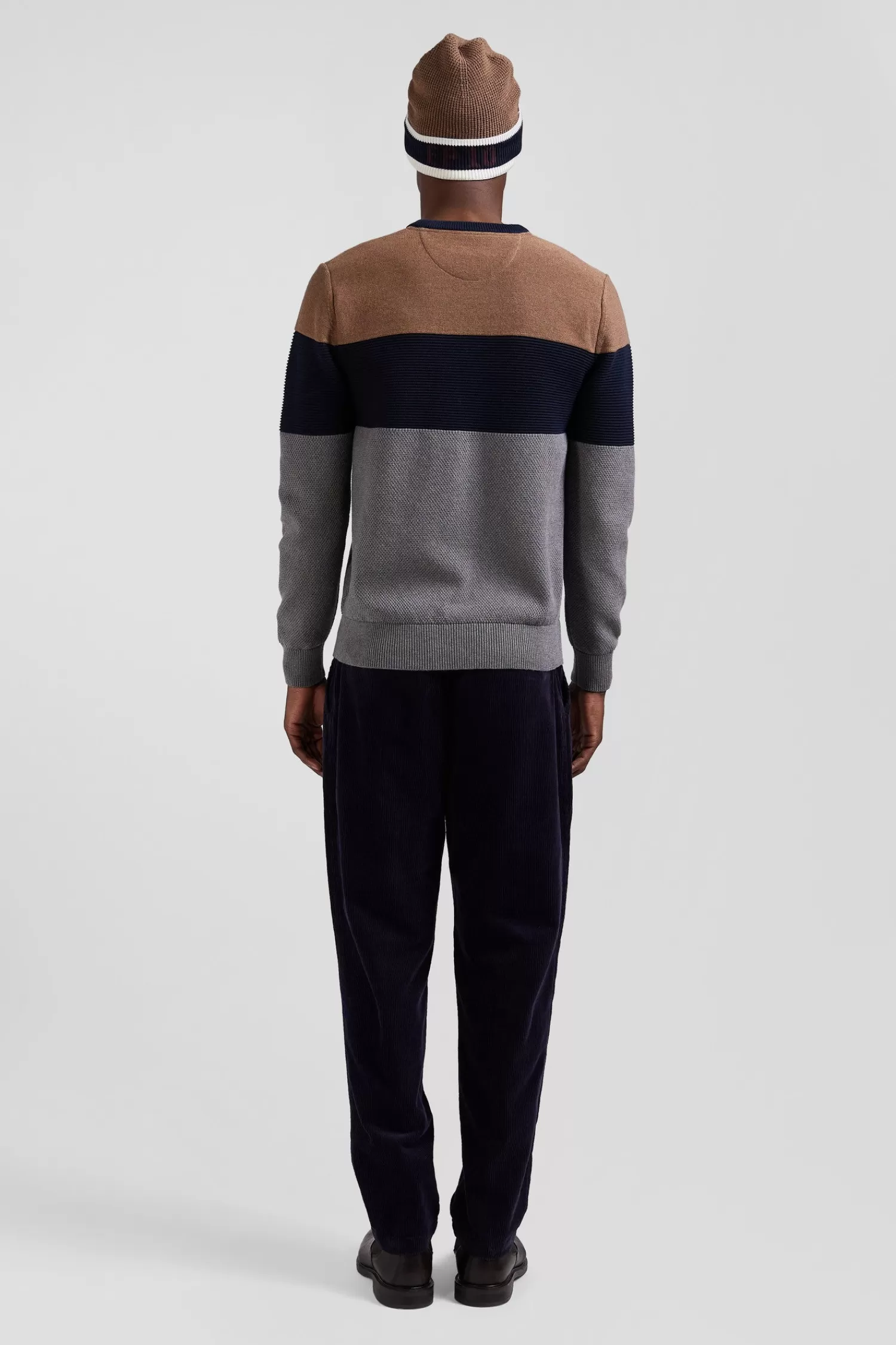 Eden Park Regular grey and camel cotton crew neck jumper with knit patterns< Sweaters