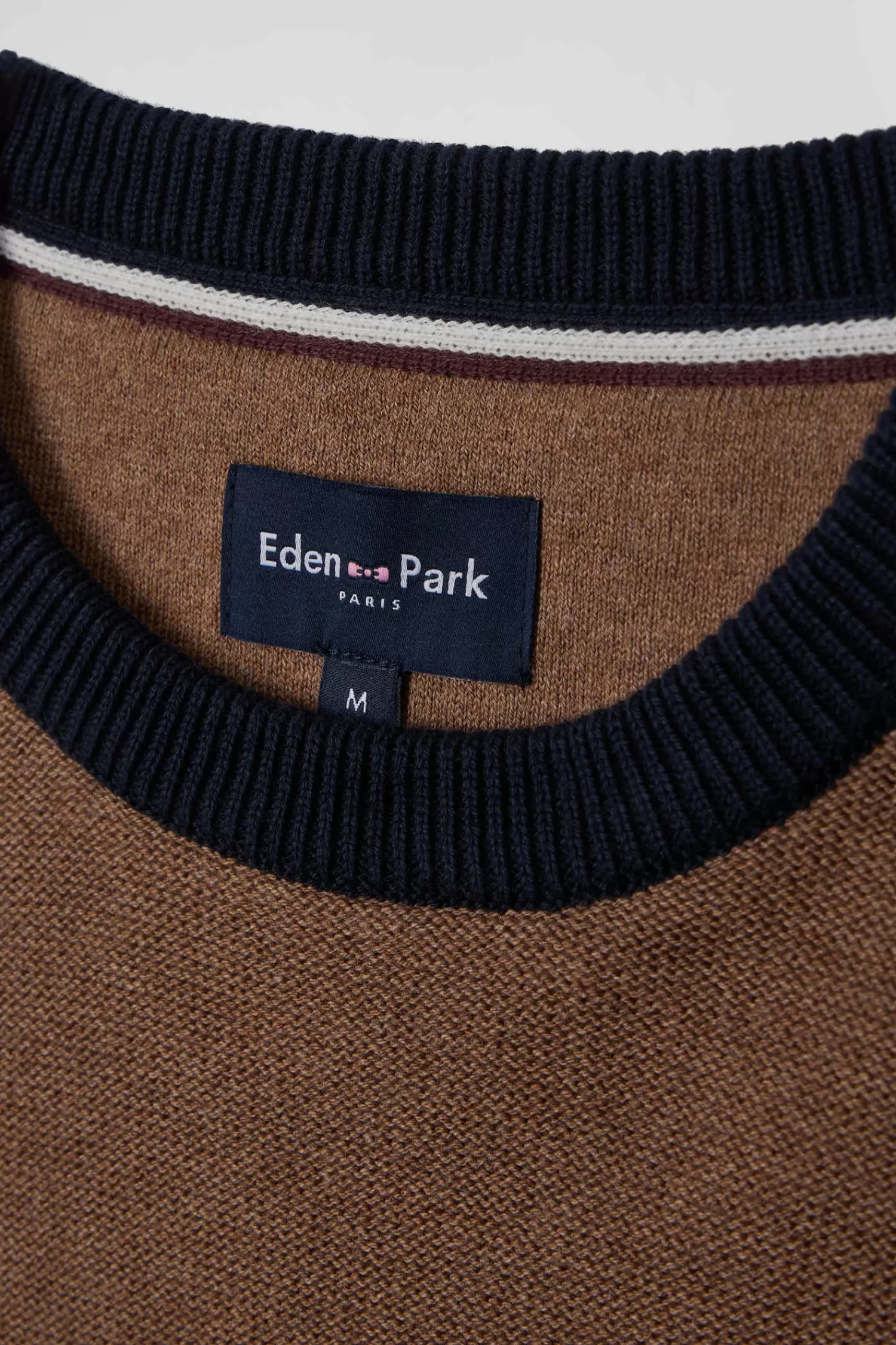 Eden Park Regular grey and camel cotton crew neck jumper with knit patterns< Sweaters