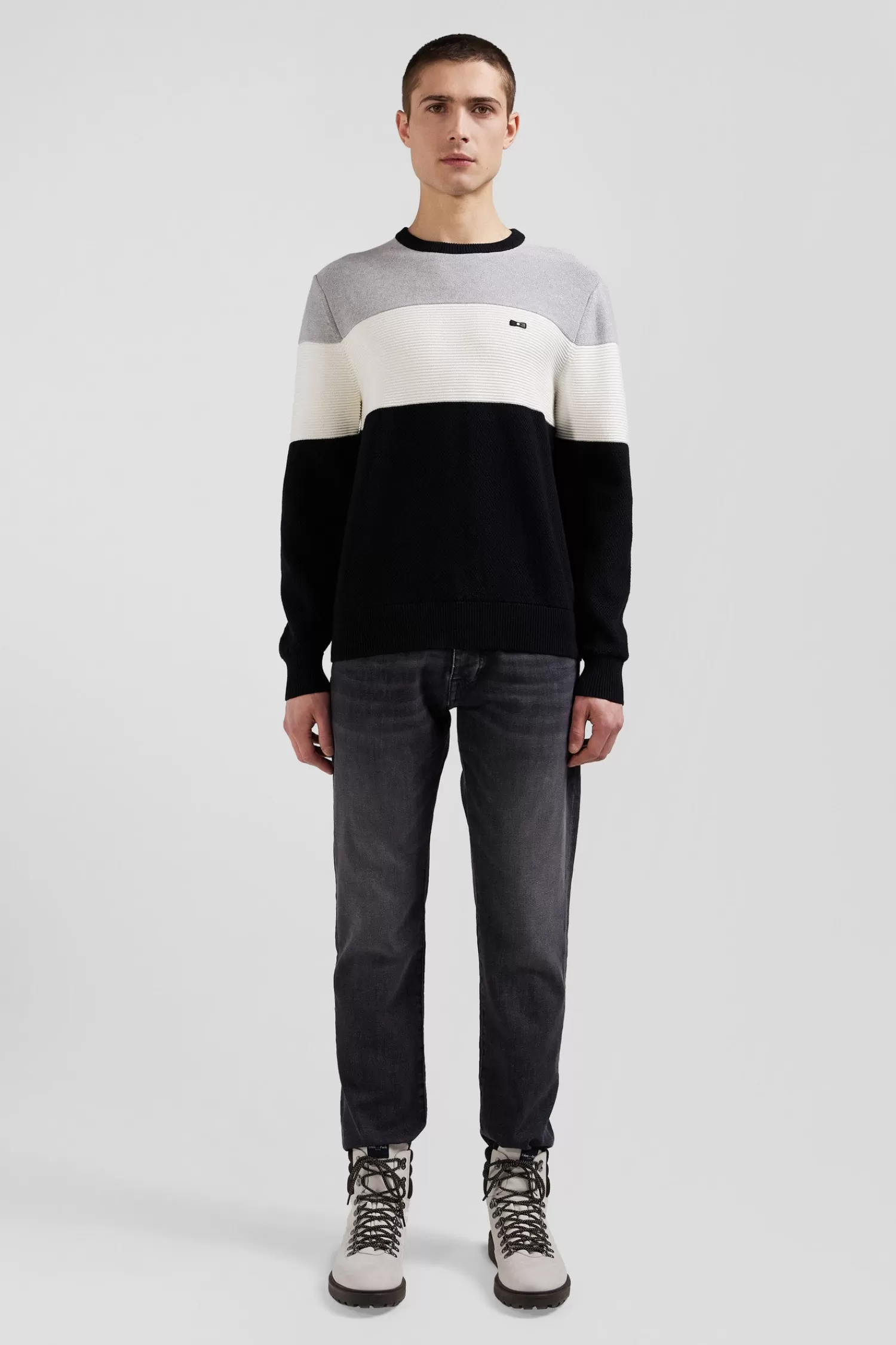 Eden Park Regular grey and white cotton crew neck jumper with knit patterns< Sweaters