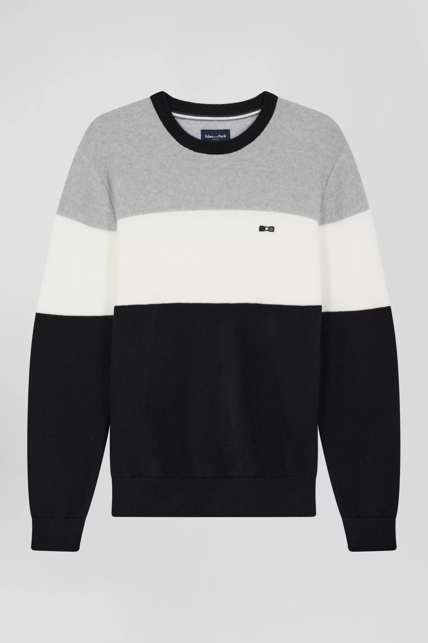Eden Park Regular grey and white cotton crew neck jumper with knit patterns< Sweaters