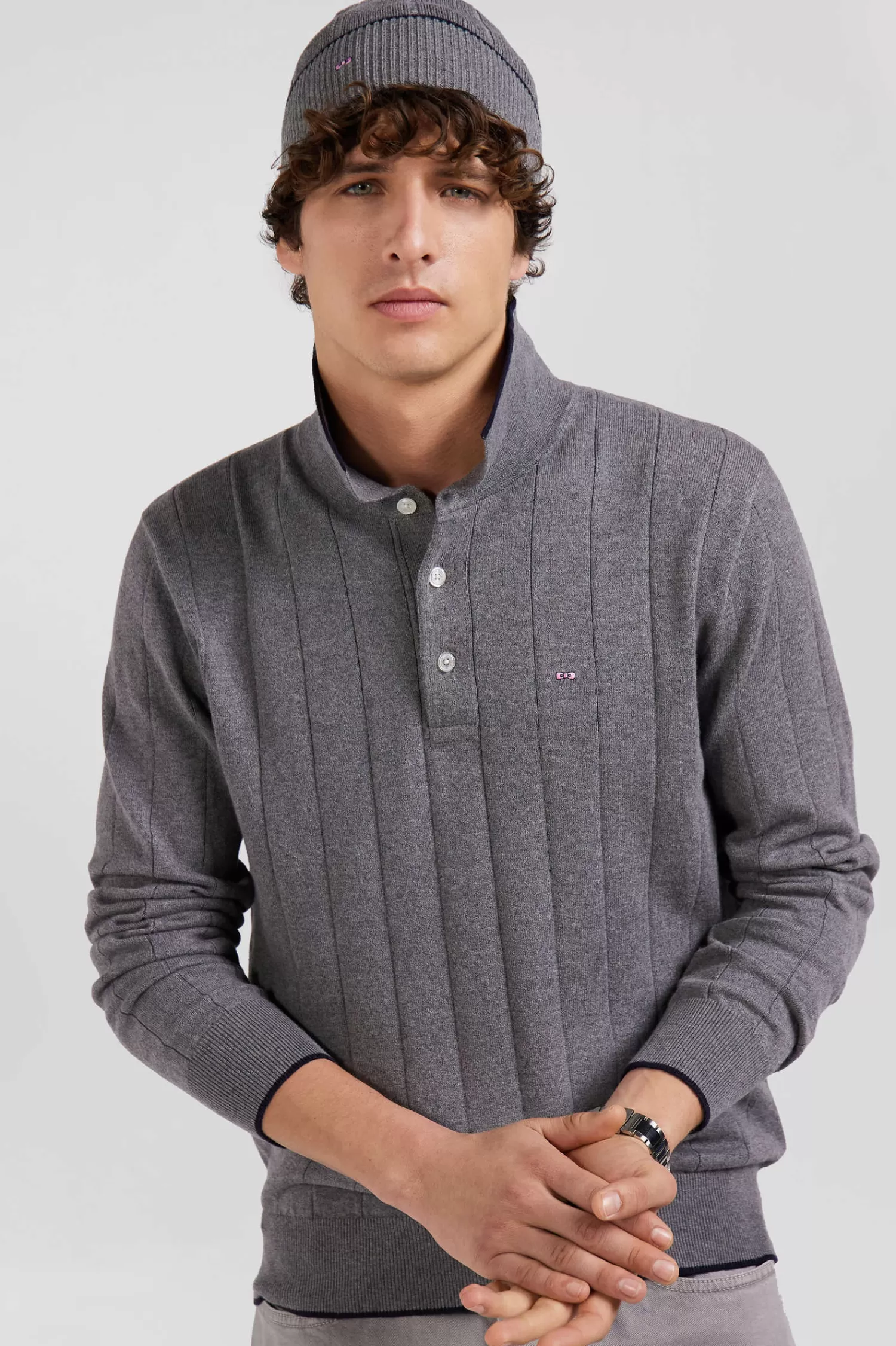 Eden Park Regular grey cotton and cashmere jumper with rugby shirt collar< Sweaters