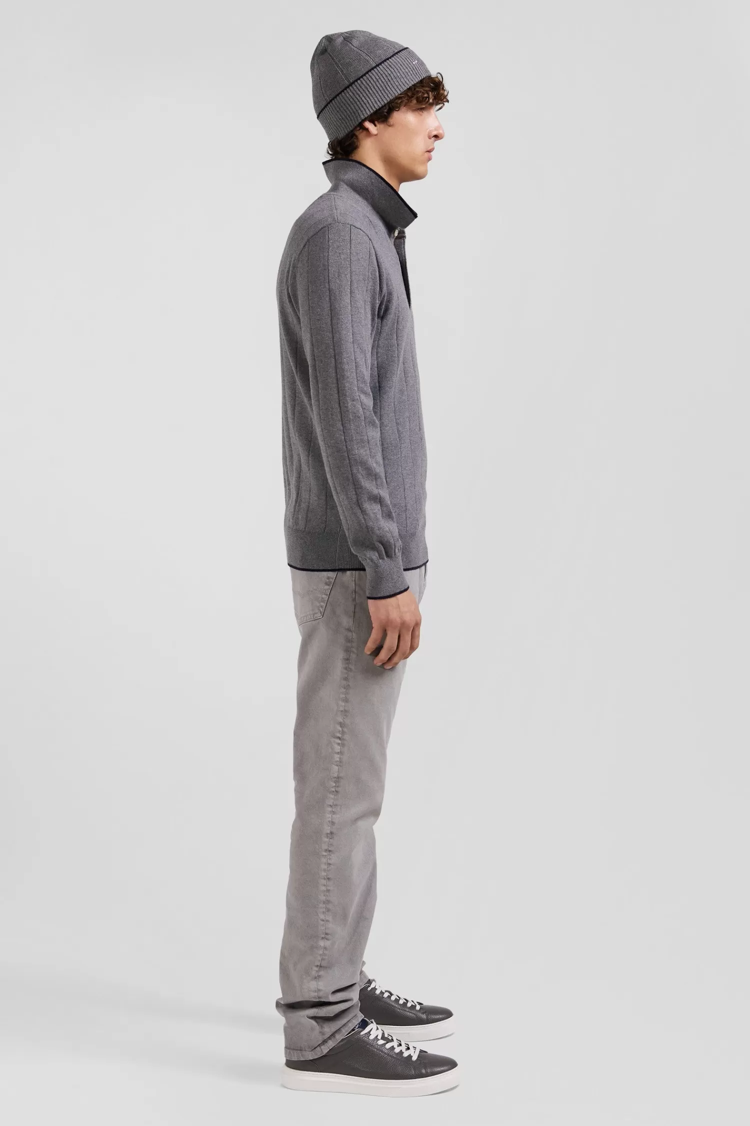 Eden Park Regular grey cotton and cashmere jumper with rugby shirt collar< Sweaters