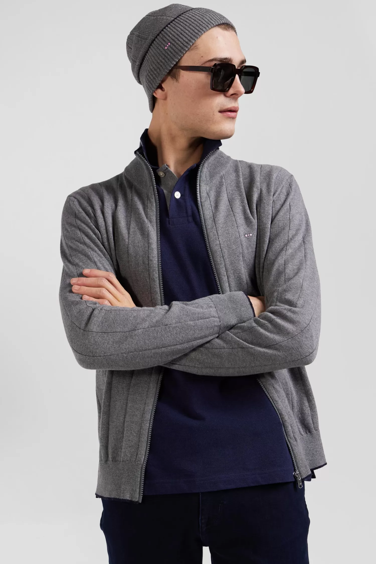 Eden Park Regular grey cotton and cashmere zipped cardigan with vertical stripes< Cardigans