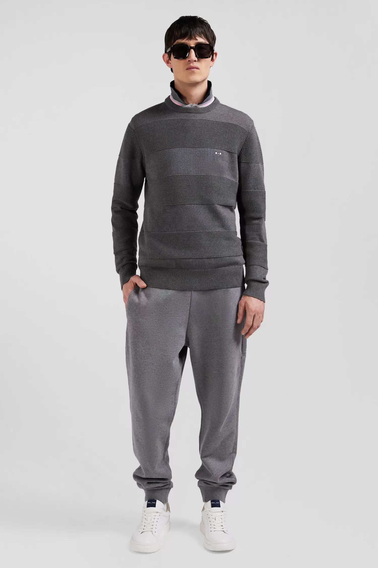 Eden Park Regular grey cotton crew neck jumper with knit patterns< Sweaters