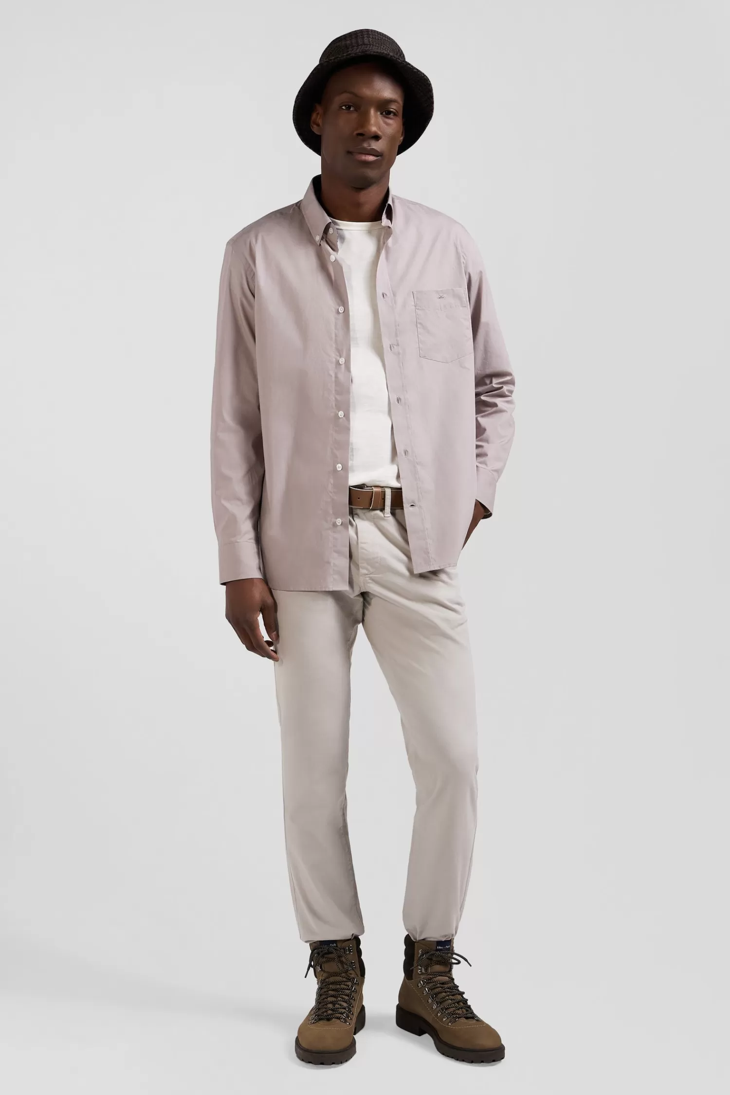 Eden Park Regular grey cotton poplin shirt with button-down collar and printed elbow patches< Shirts