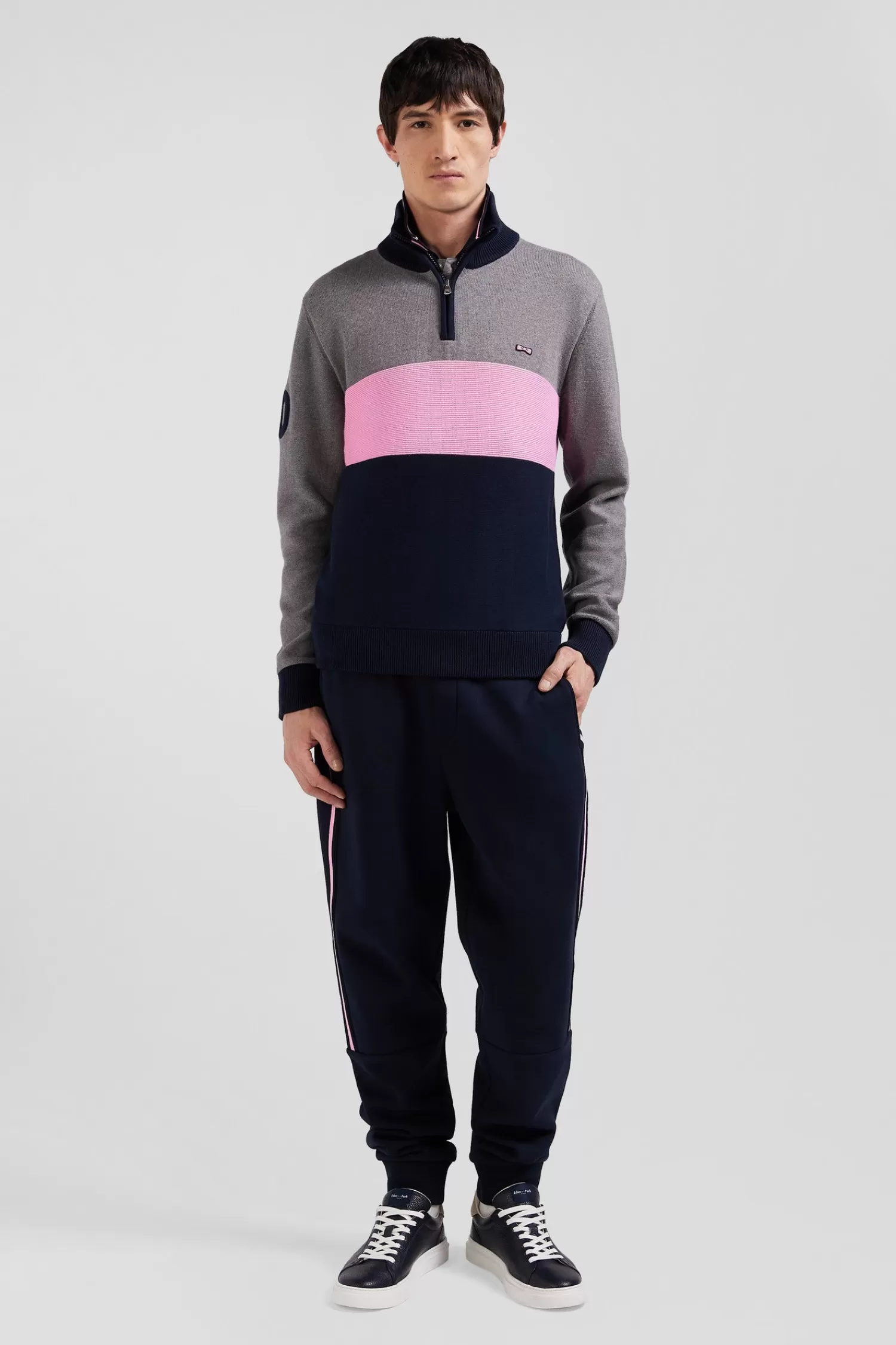 Eden Park Regular grey embroidered semi-zipped colorblock cotton jumper< Sweaters