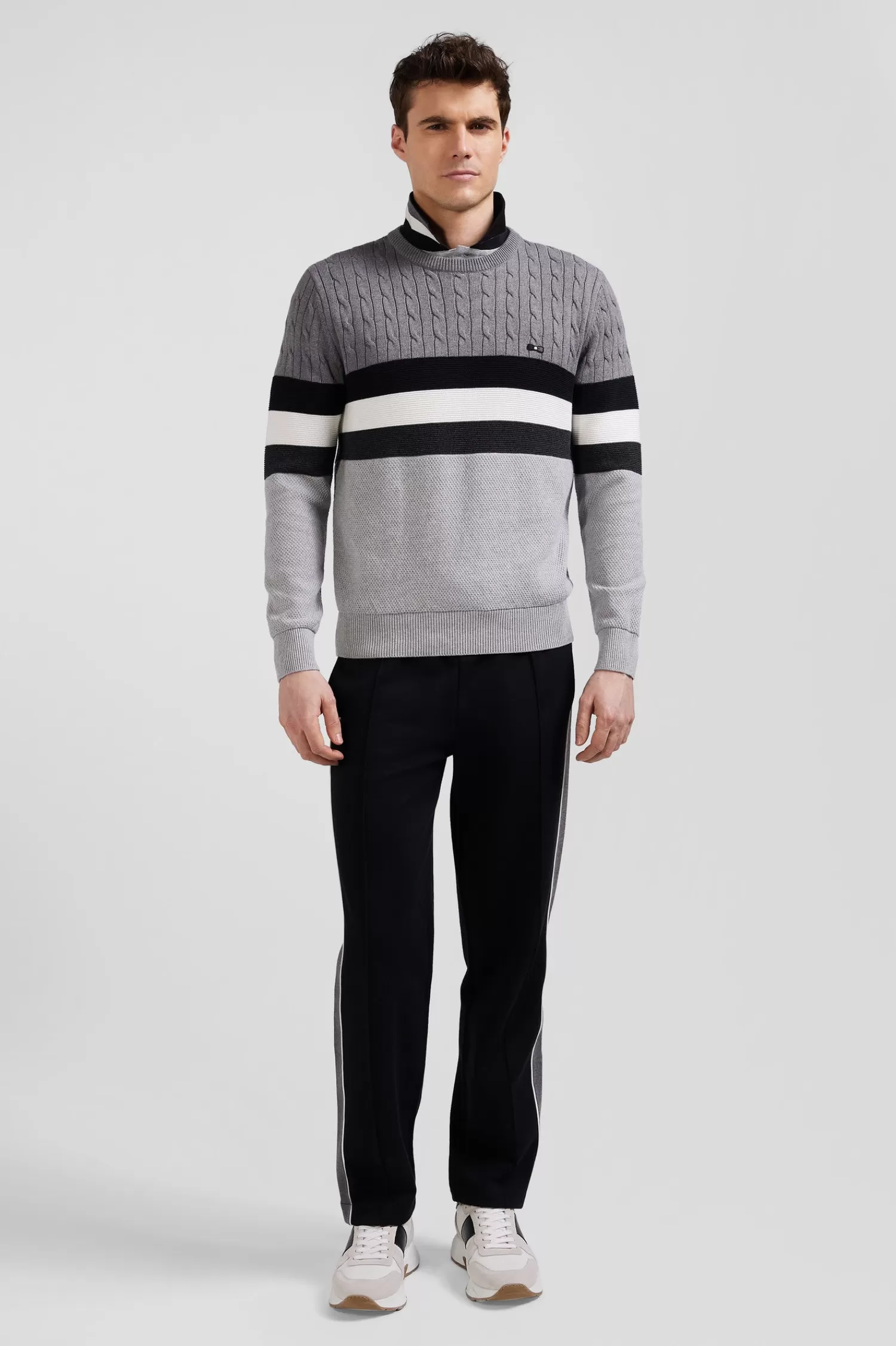 Eden Park Regular grey fancy knit cotton crew neck jumper< Sweaters