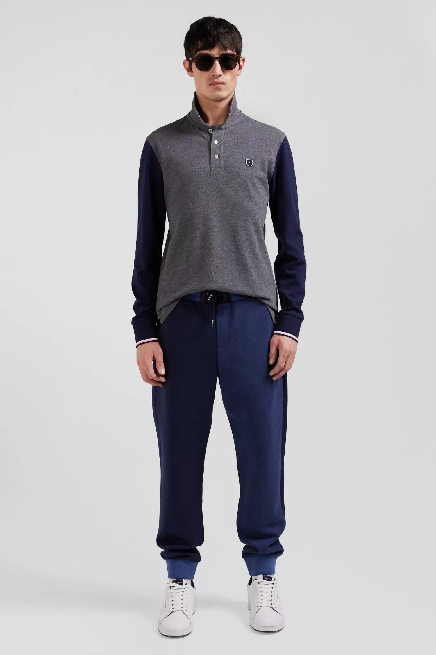 Eden Park Regular grey long-sleeved cotton piqué polo shirt with jacquard collar and rubber badge< Polos