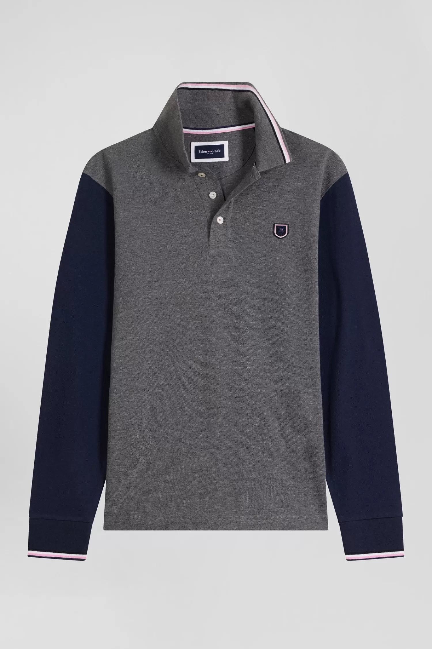 Eden Park Regular grey long-sleeved cotton piqué polo shirt with jacquard collar and rubber badge< Polos