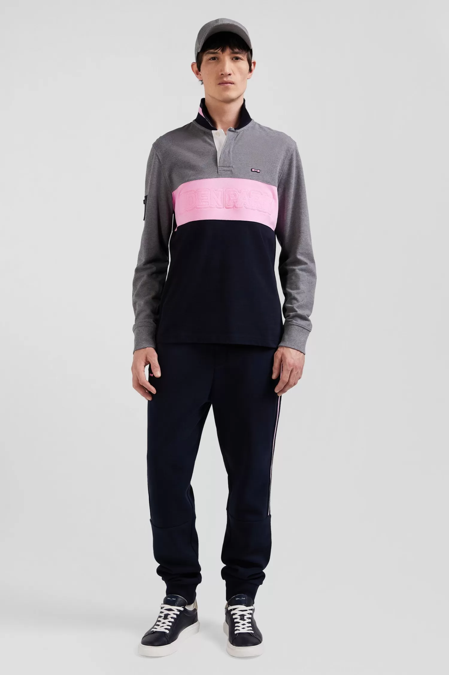 Eden Park Regular grey long-sleeved cotton piqué polo shirt with padded embroidery< Polos