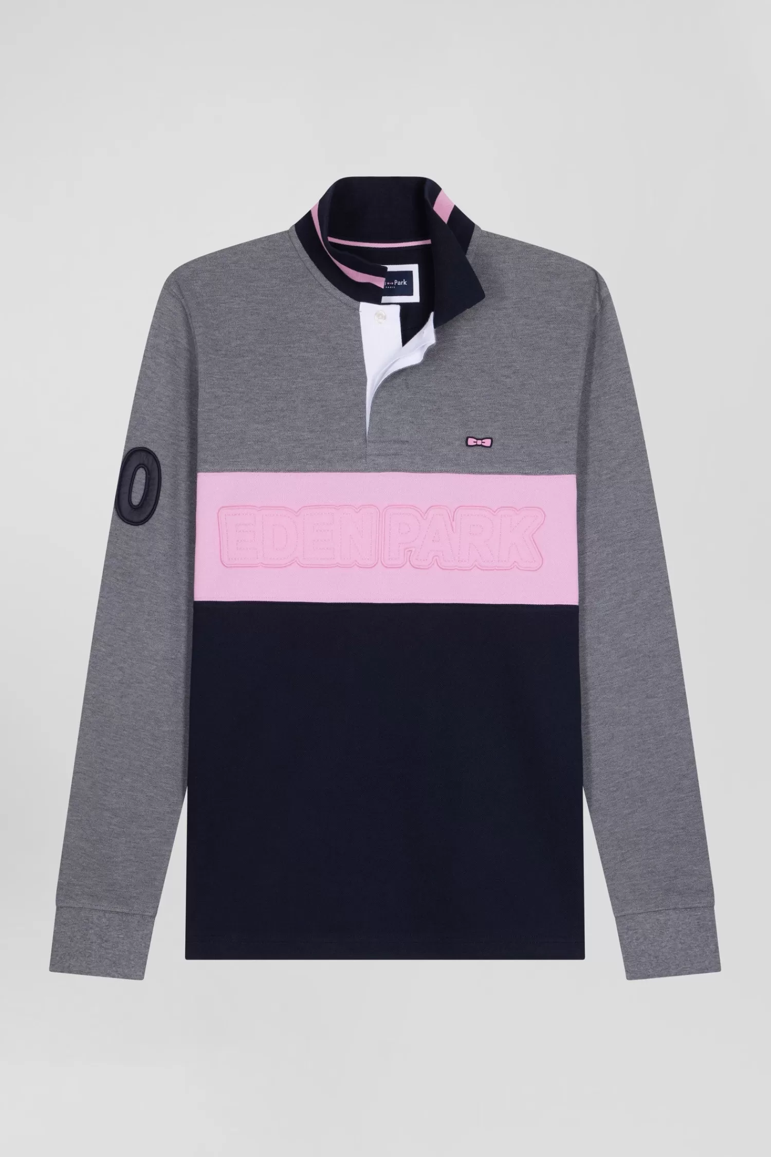 Eden Park Regular grey long-sleeved cotton piqué polo shirt with padded embroidery< Polos
