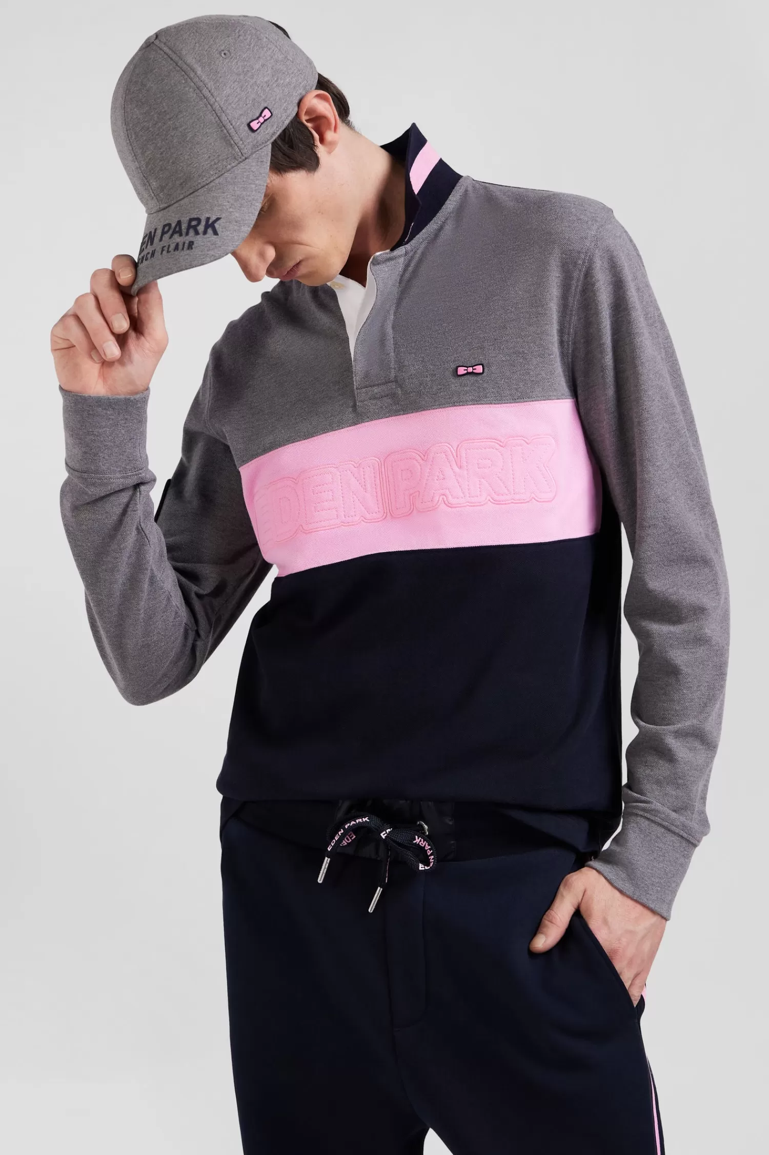 Eden Park Regular grey long-sleeved cotton piqué polo shirt with padded embroidery< Polos