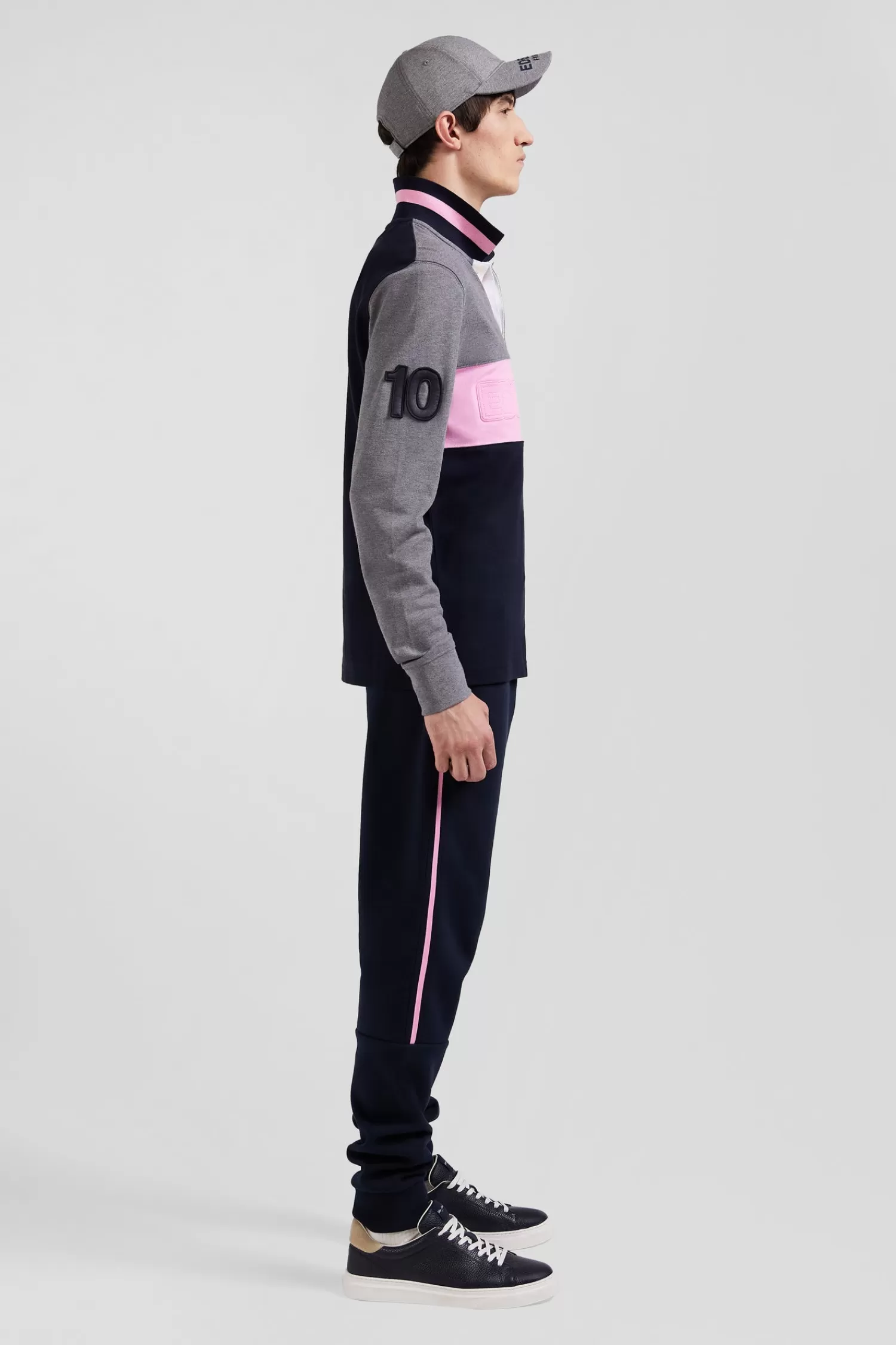 Eden Park Regular grey long-sleeved cotton piqué polo shirt with padded embroidery< Polos