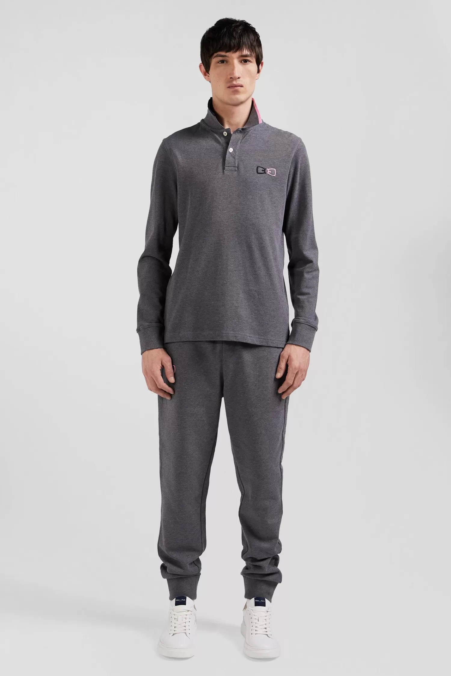 Eden Park Regular grey long-sleeved cotton piqué polo shirt with pink details< Polos