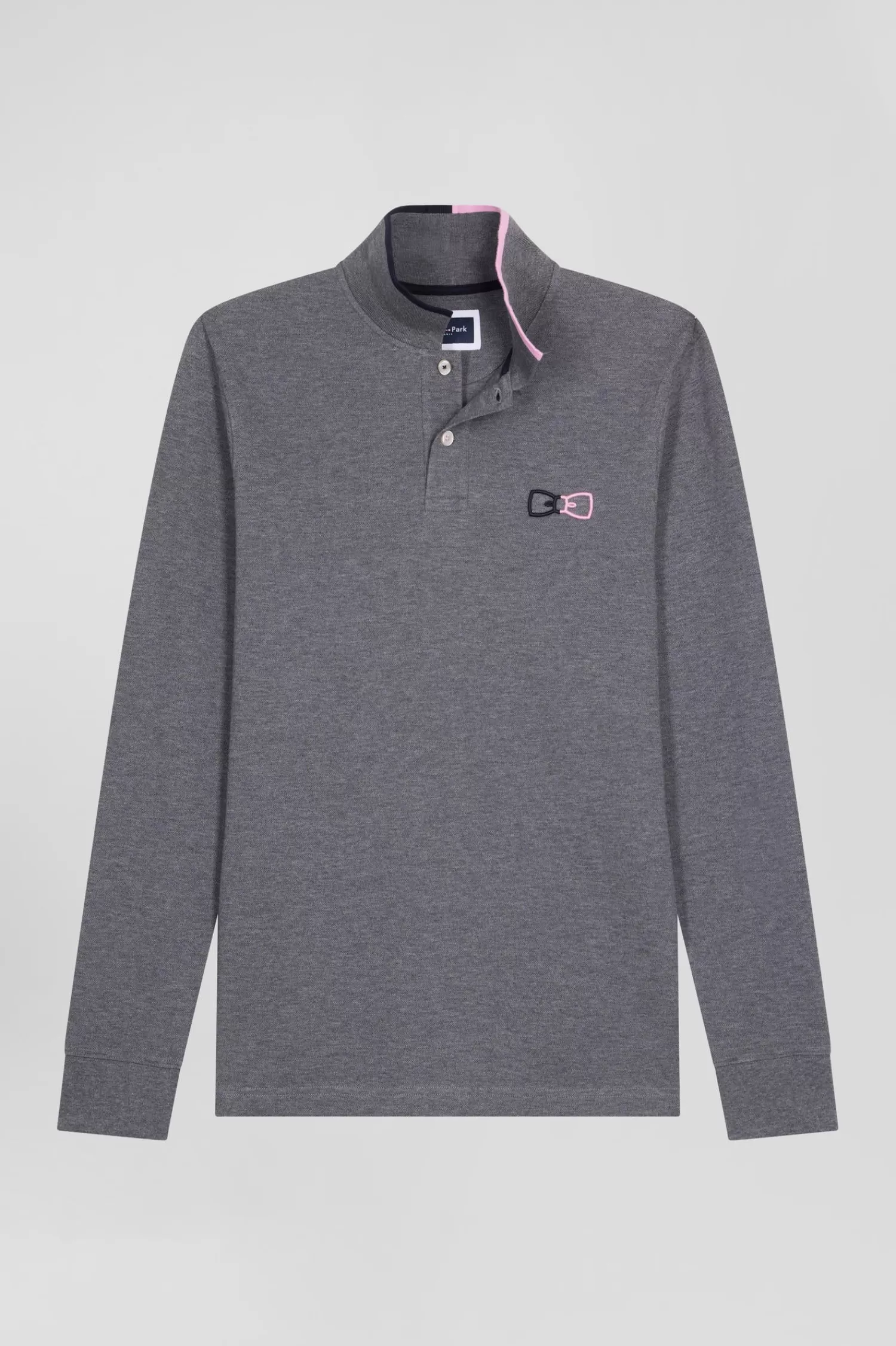 Eden Park Regular grey long-sleeved cotton piqué polo shirt with pink details< Polos