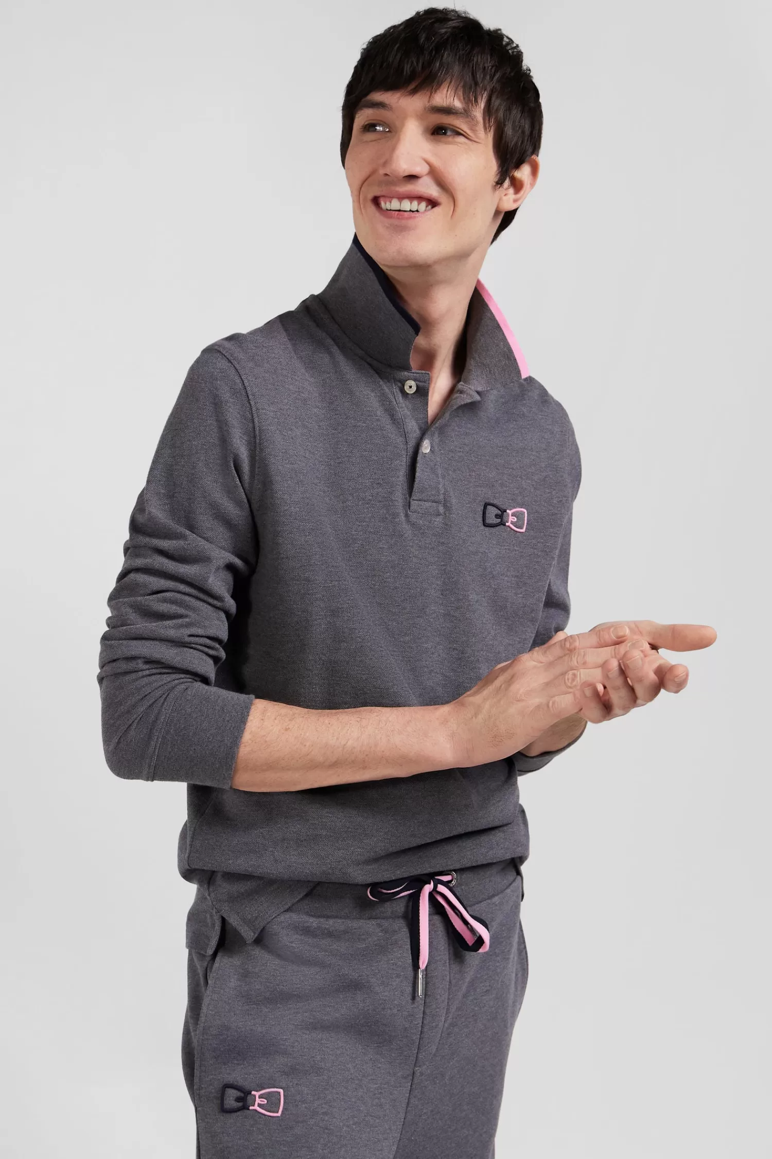 Eden Park Regular grey long-sleeved cotton piqué polo shirt with pink details< Polos