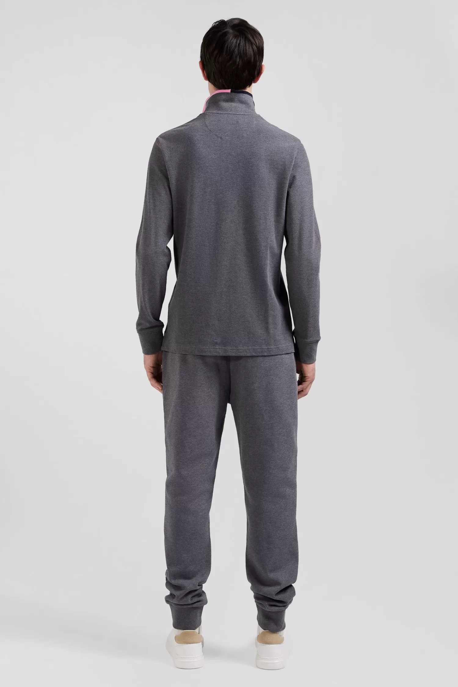 Eden Park Regular grey long-sleeved cotton piqué polo shirt with pink details< Polos