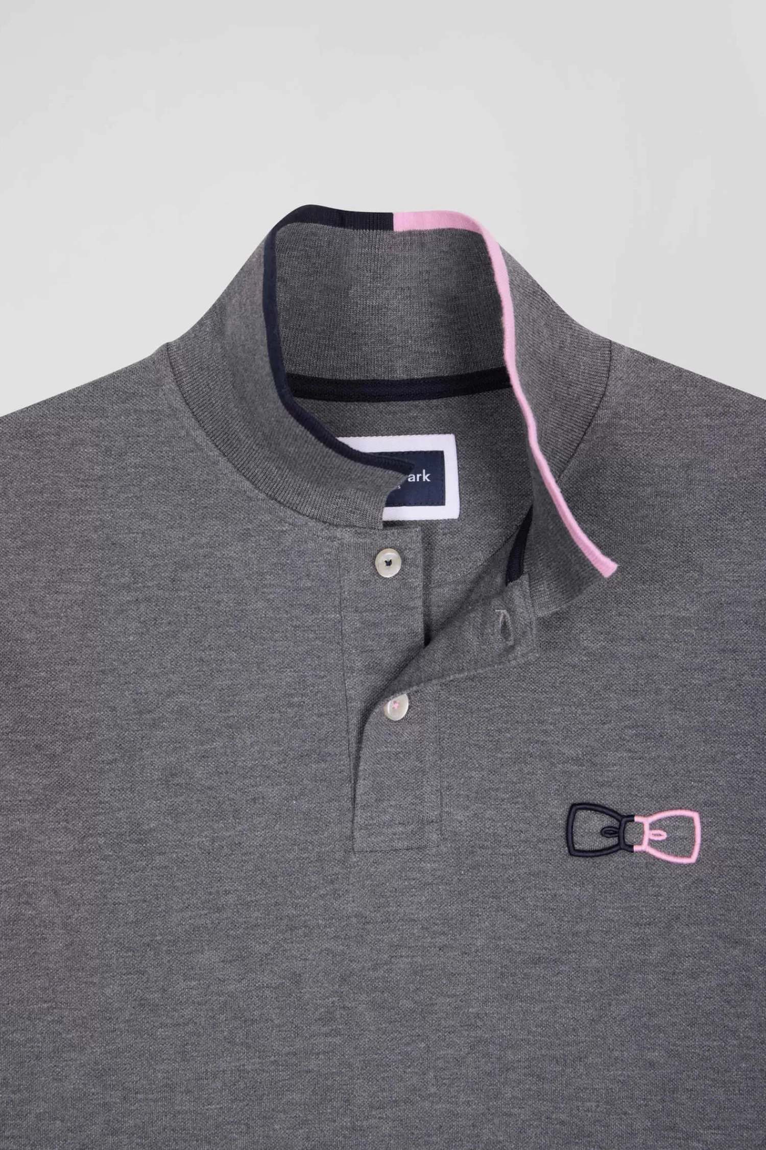 Eden Park Regular grey long-sleeved cotton piqué polo shirt with pink details< Polos