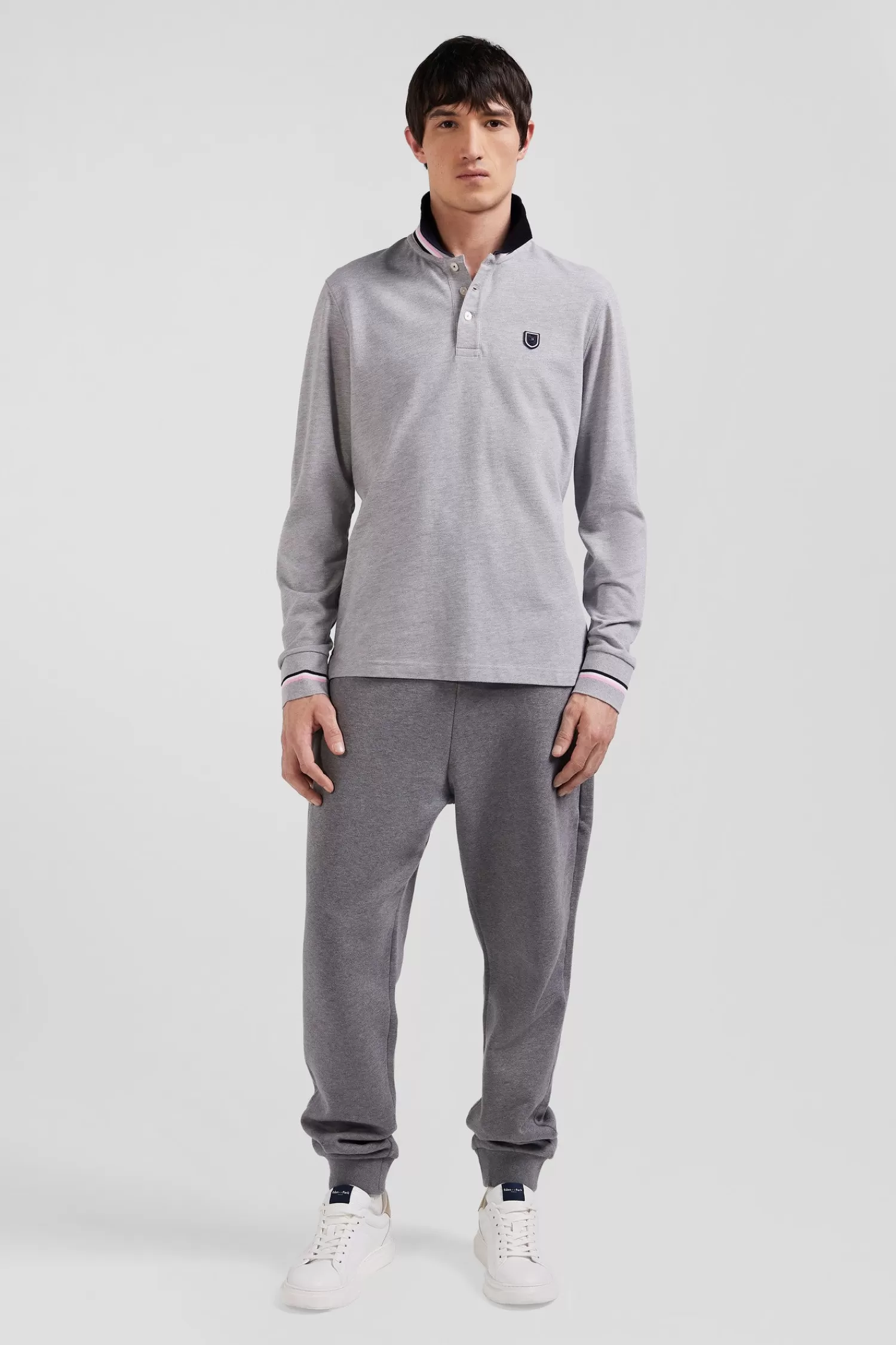 Eden Park Regular grey long-sleeved cotton piqué polo shirt with rubber badge< Polos