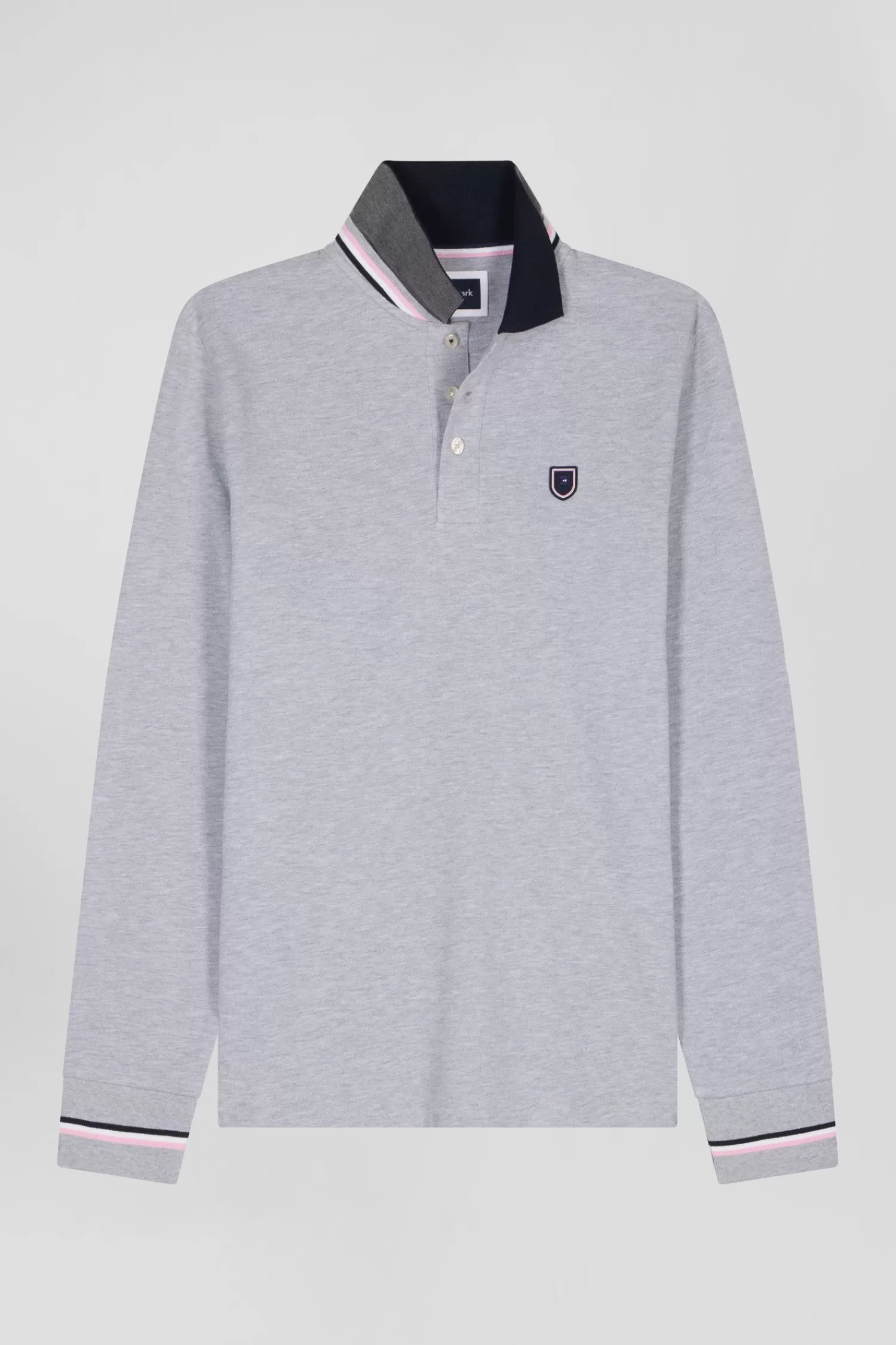 Eden Park Regular grey long-sleeved cotton piqué polo shirt with rubber badge< Polos