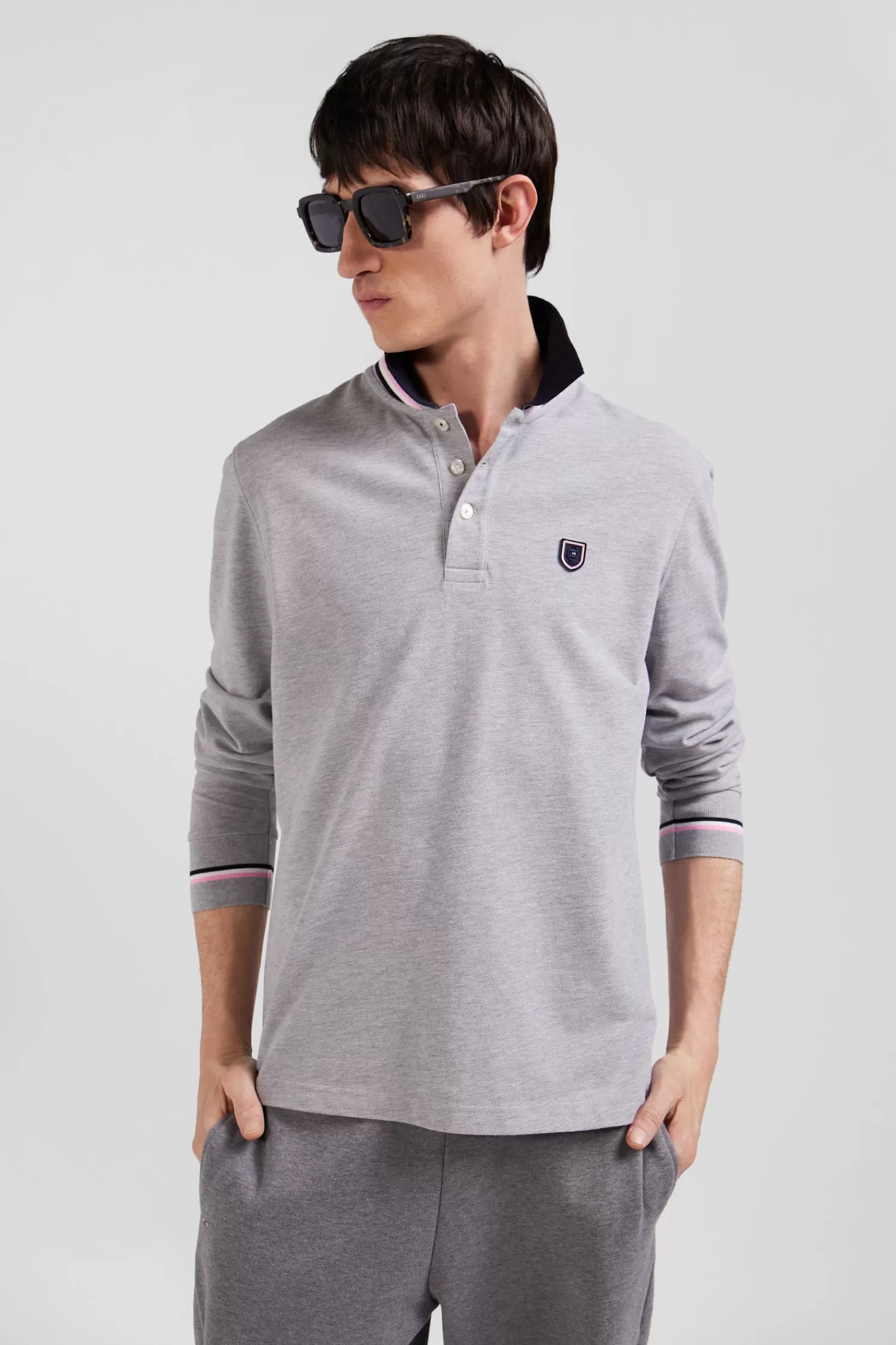 Eden Park Regular grey long-sleeved cotton piqué polo shirt with rubber badge< Polos