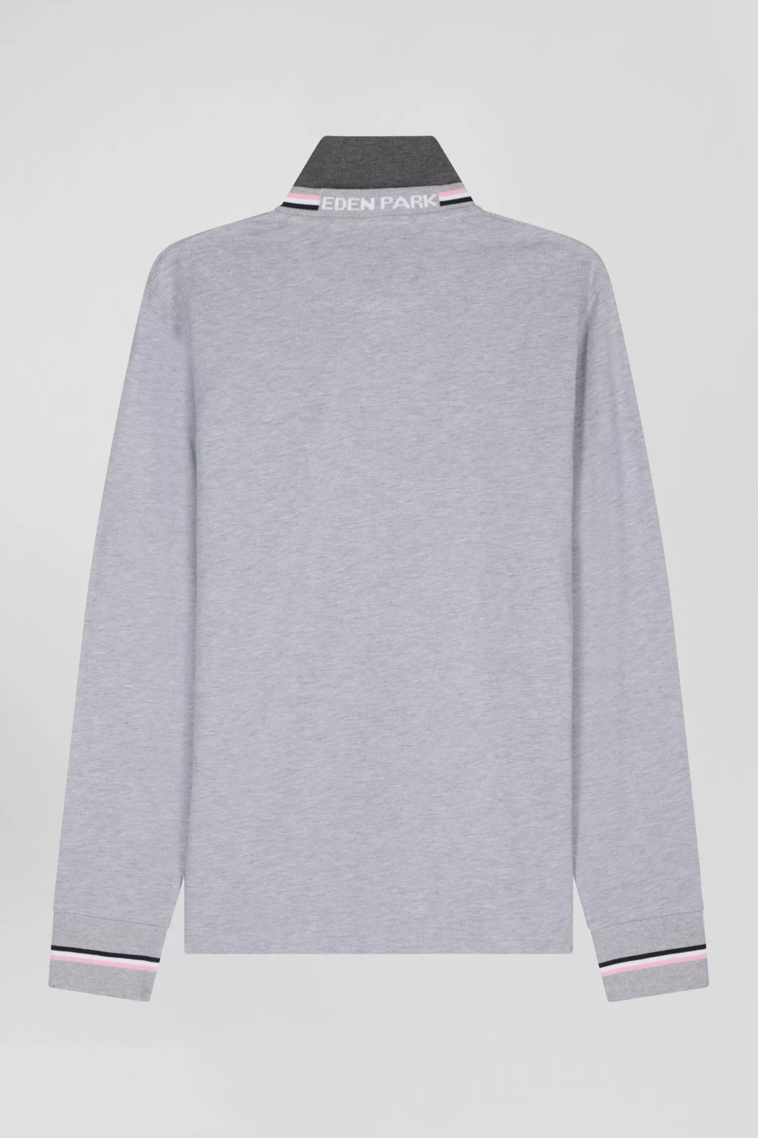 Eden Park Regular grey long-sleeved cotton piqué polo shirt with rubber badge< Polos