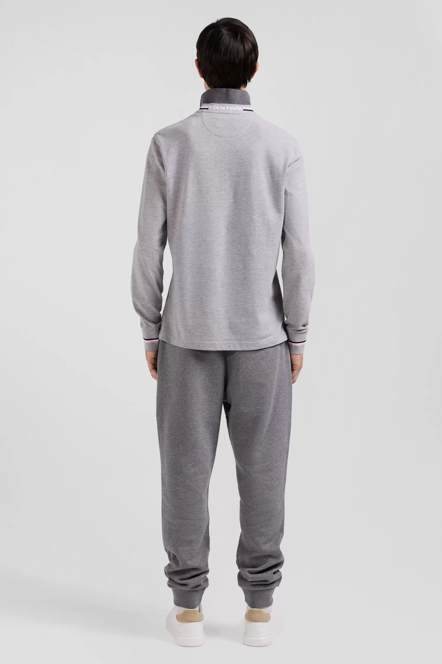 Eden Park Regular grey long-sleeved cotton piqué polo shirt with rubber badge< Polos