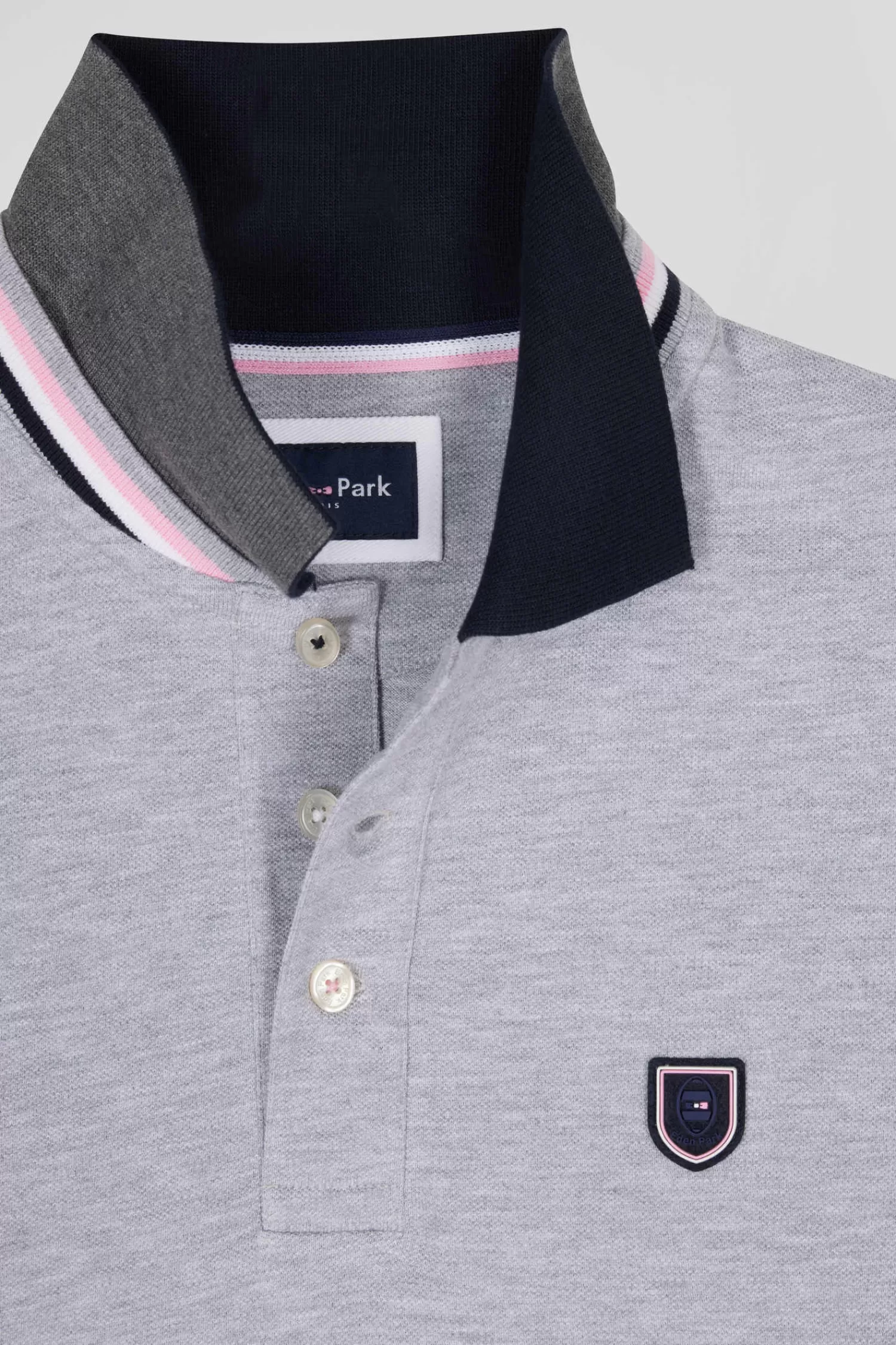 Eden Park Regular grey long-sleeved cotton piqué polo shirt with rubber badge< Polos
