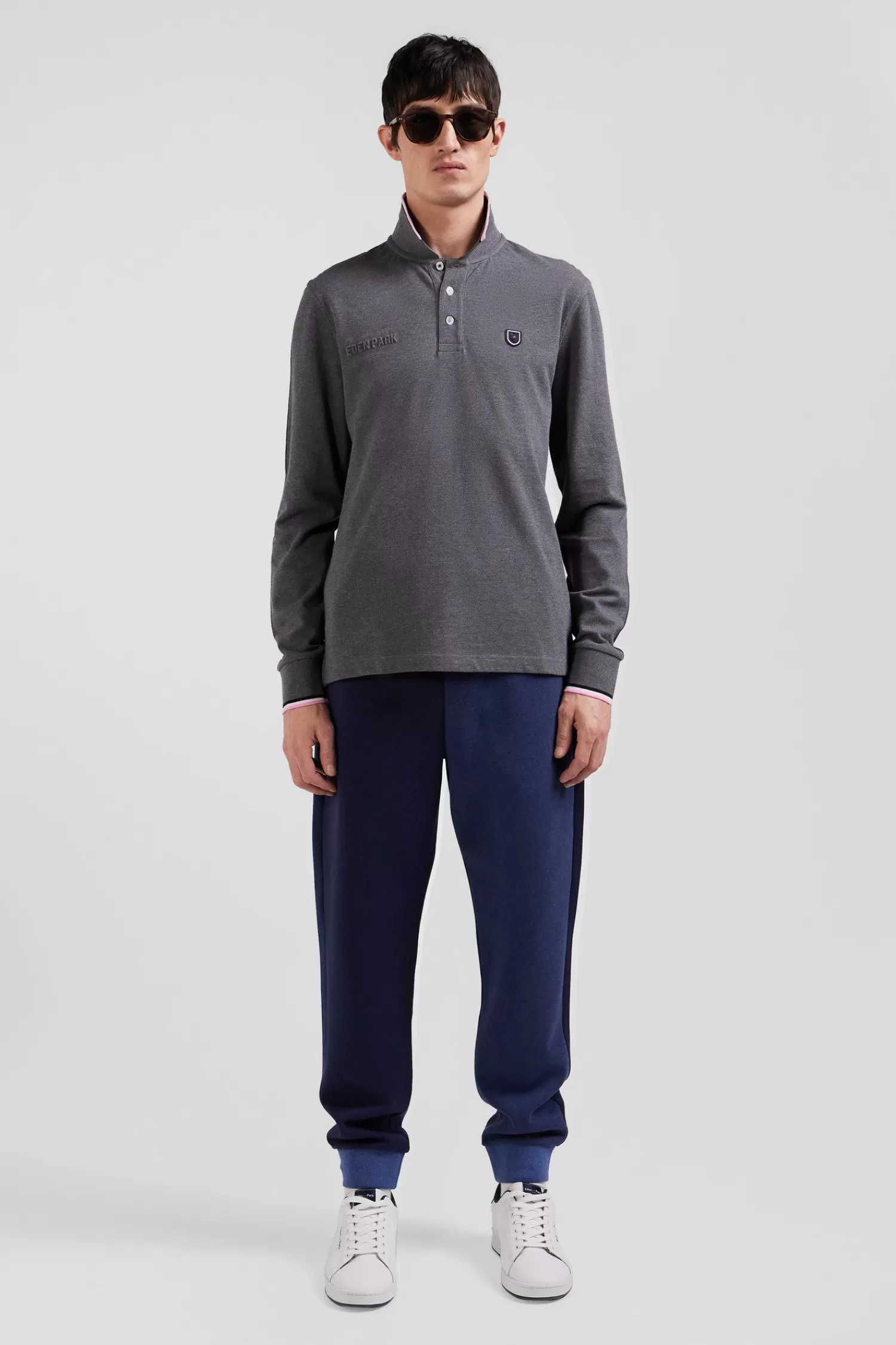 Eden Park Regular grey long-sleeved cotton piqué polo shirt with tricolor details< Polos