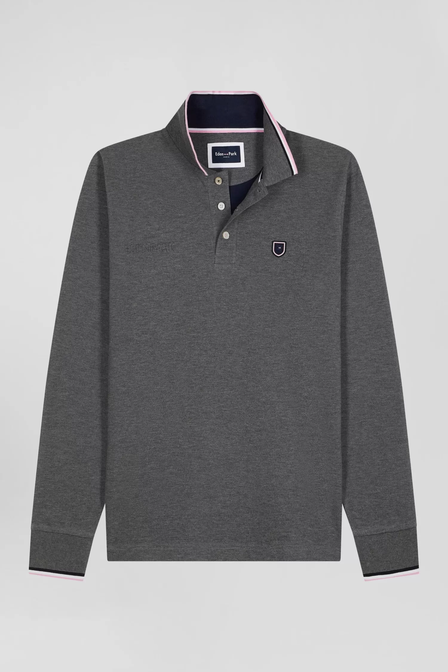 Eden Park Regular grey long-sleeved cotton piqué polo shirt with tricolor details< Polos