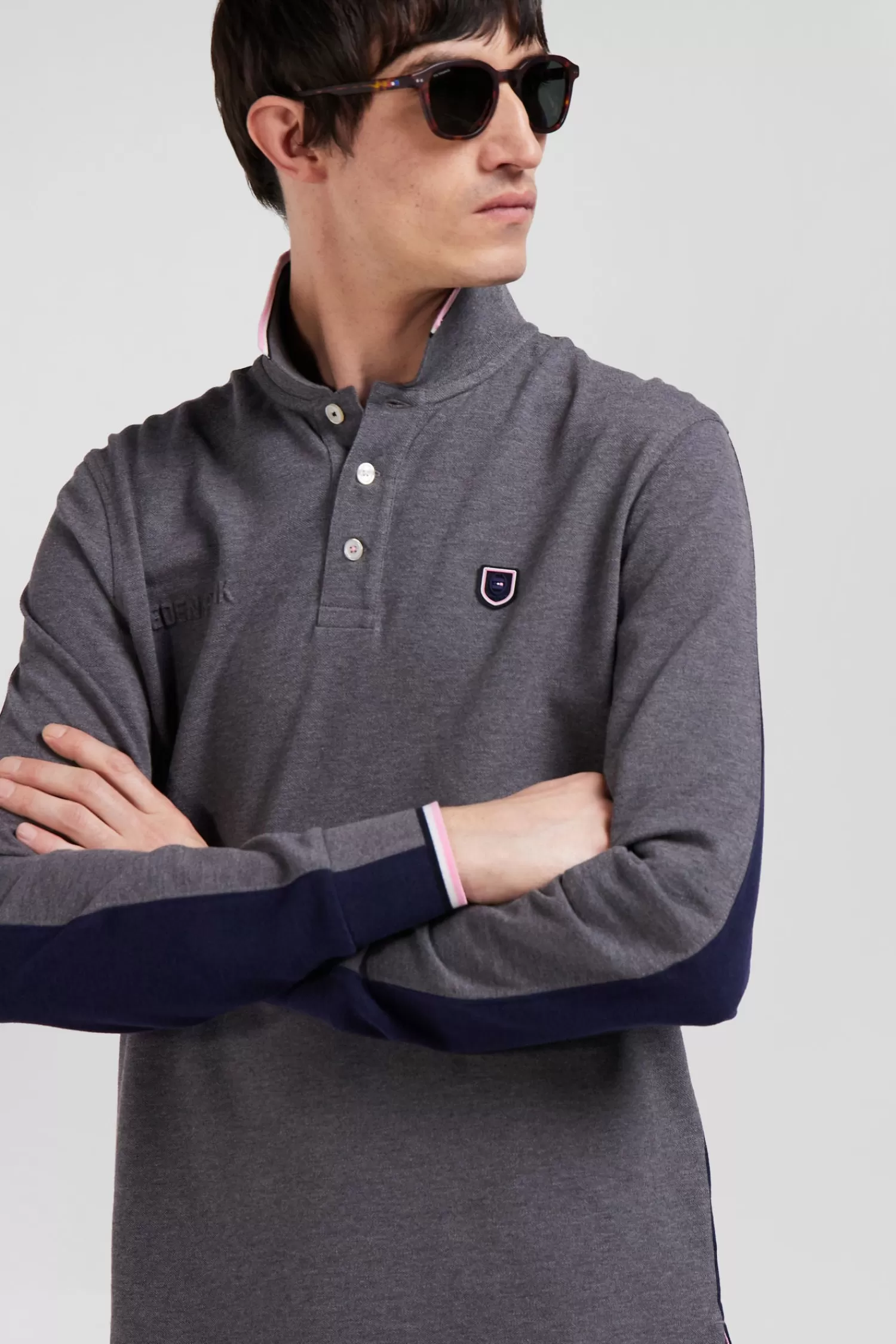 Eden Park Regular grey long-sleeved cotton piqué polo shirt with tricolor details< Polos