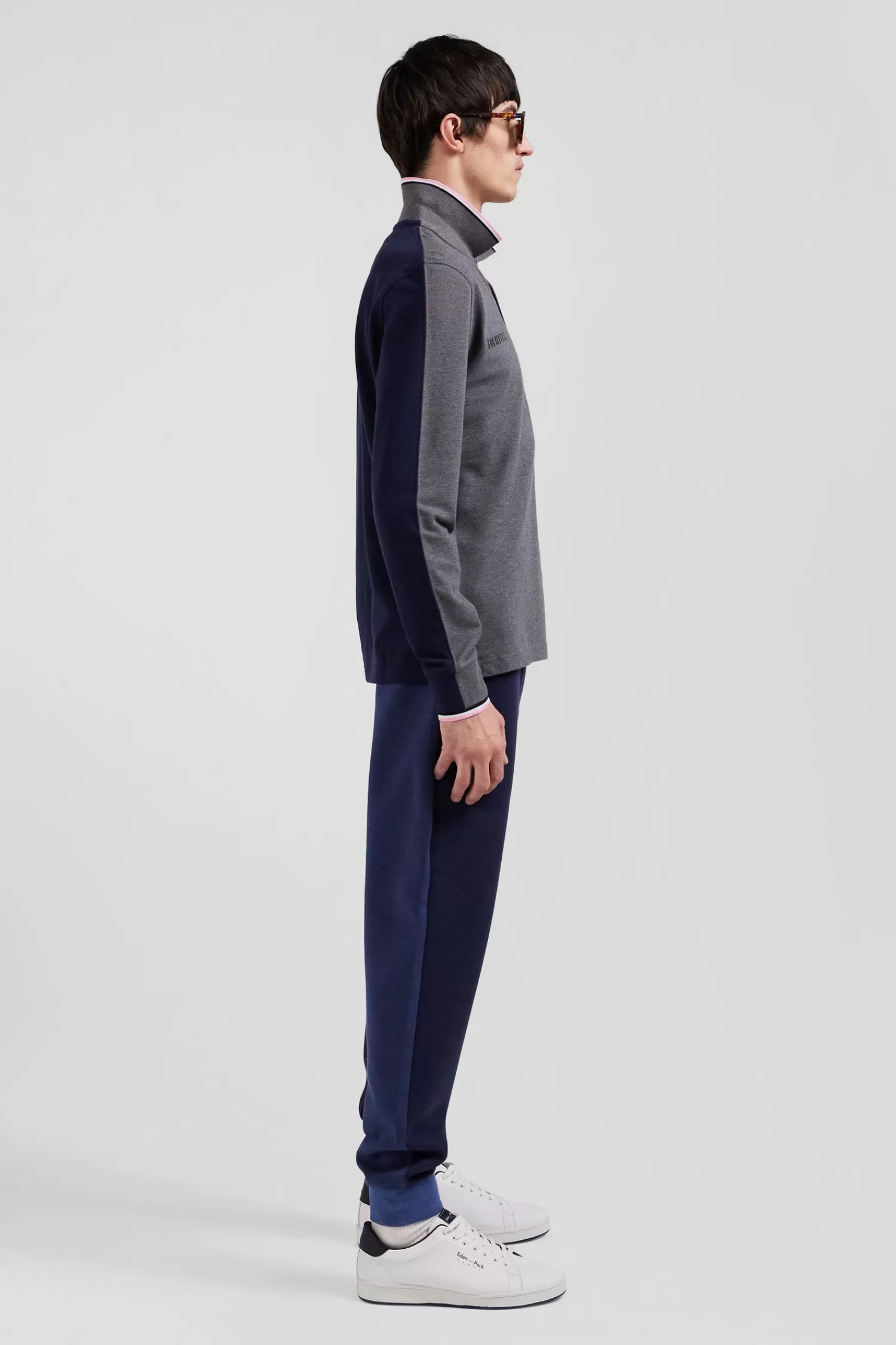 Eden Park Regular grey long-sleeved cotton piqué polo shirt with tricolor details< Polos