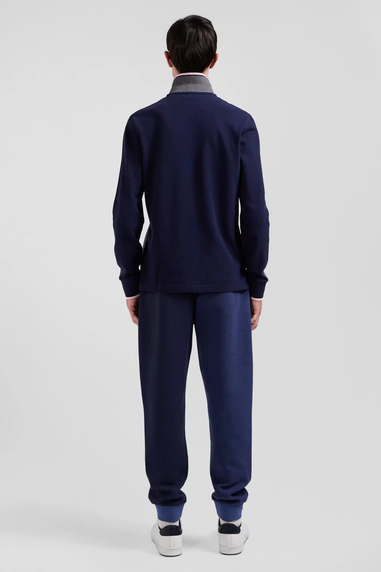 Eden Park Regular grey long-sleeved cotton piqué polo shirt with tricolor details< Polos