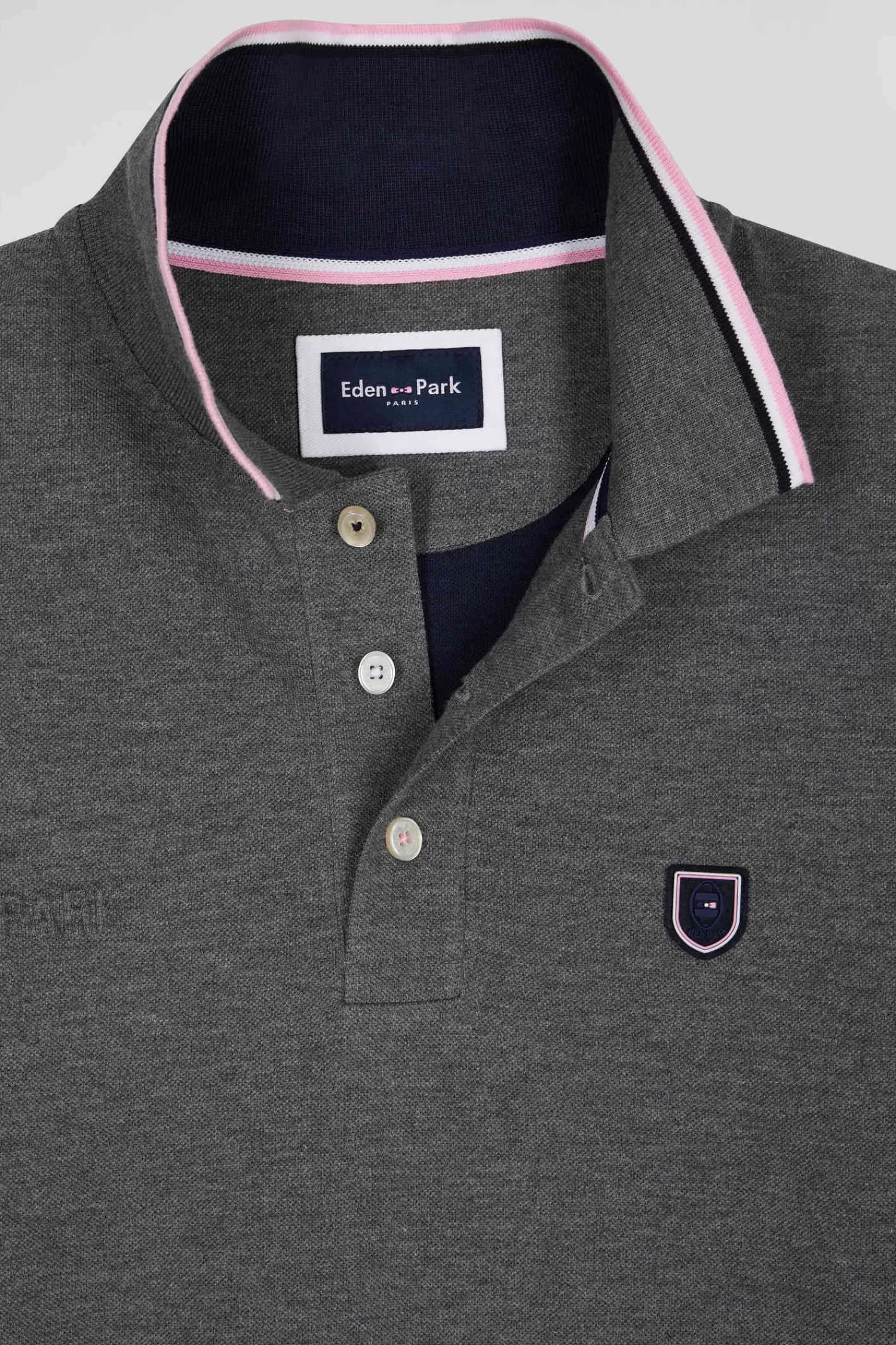 Eden Park Regular grey long-sleeved cotton piqué polo shirt with tricolor details< Polos