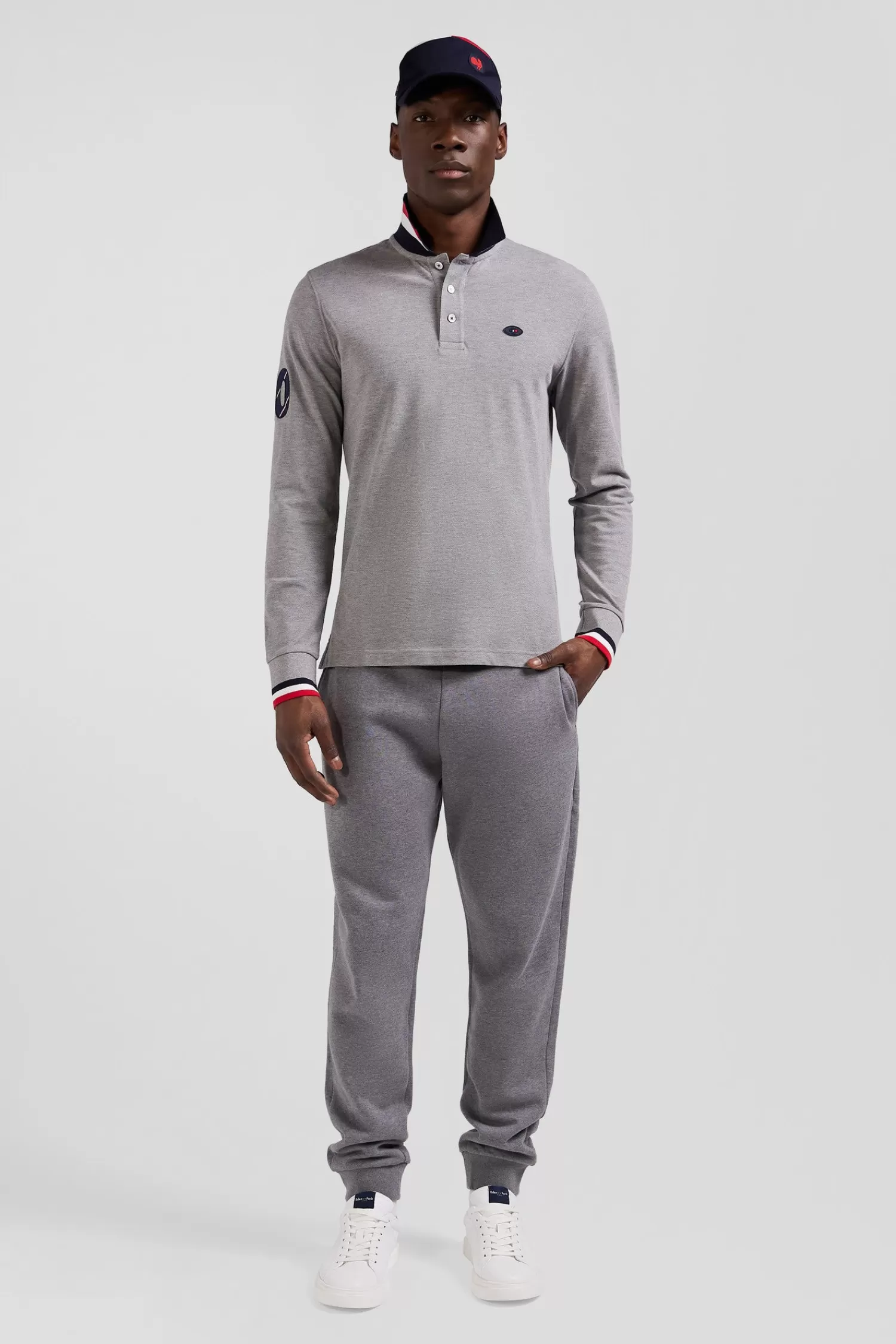 Eden Park Regular grey long-sleeved cotton piqué polo shirt with XV de France embroidery< Polos