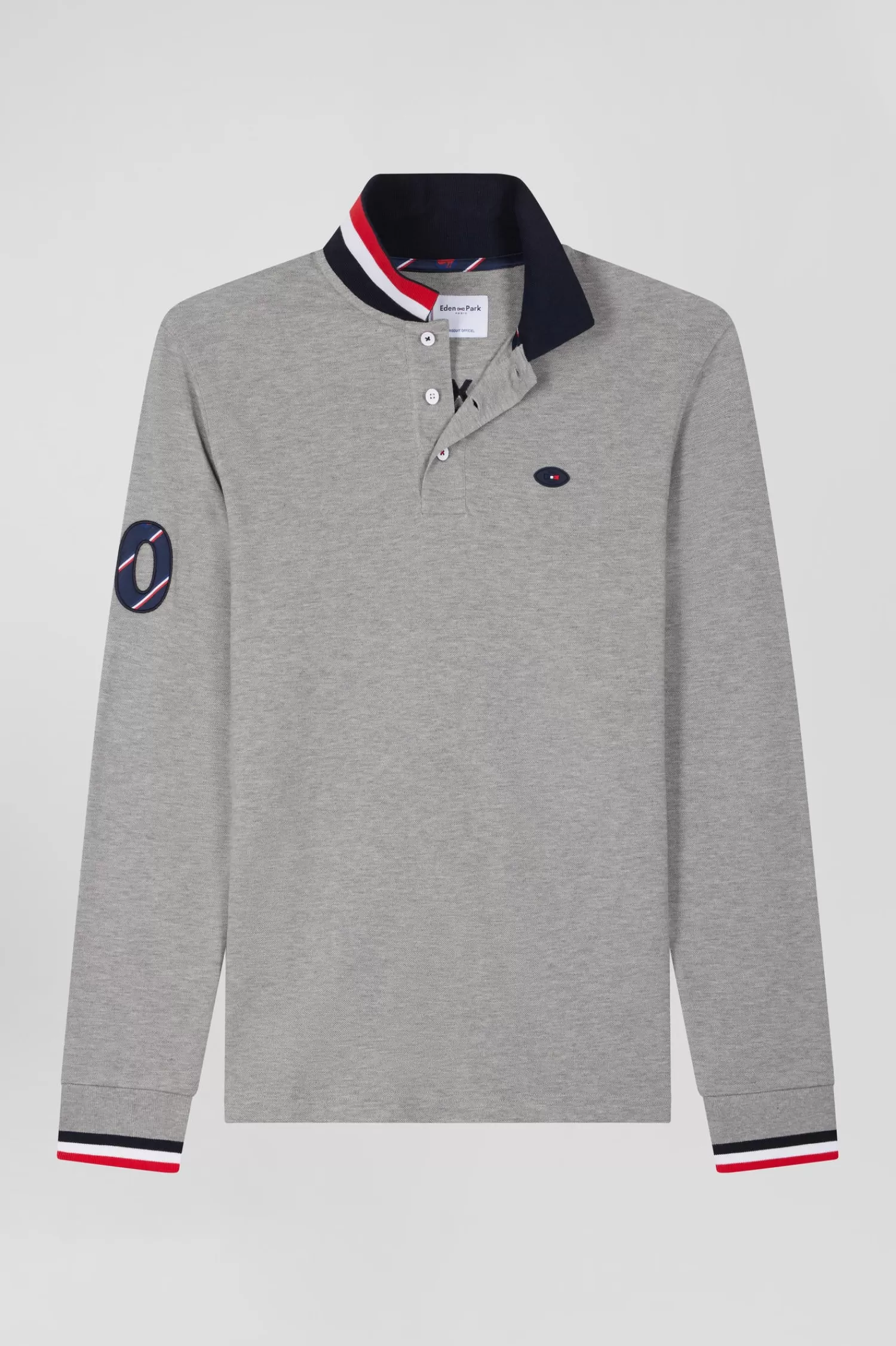 Eden Park Regular grey long-sleeved cotton piqué polo shirt with XV de France embroidery< Polos