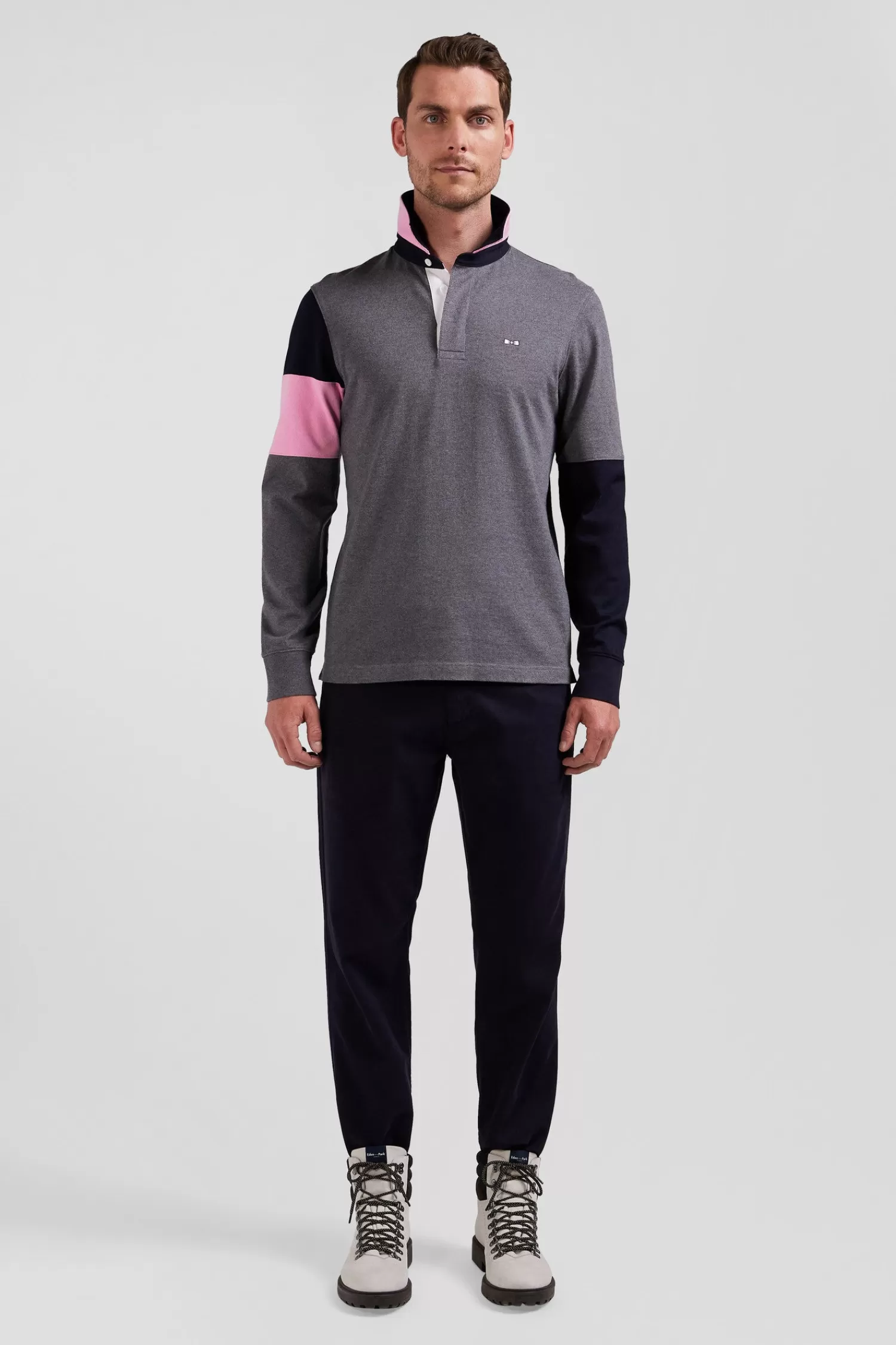 Eden Park Regular grey long-sleeved cotton rugby shirt with tie fabric patchwork< Rugby Shirts