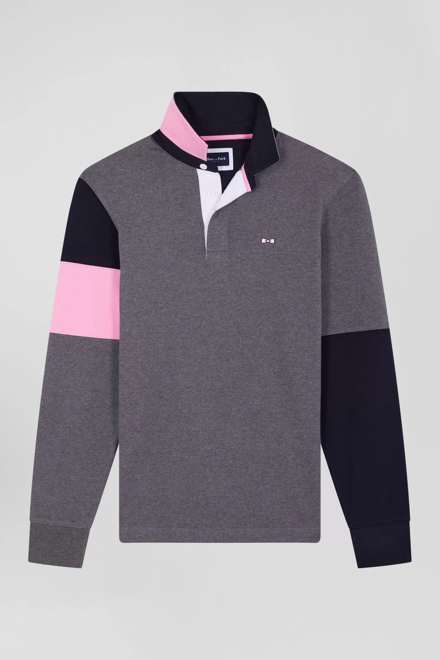 Eden Park Regular grey long-sleeved cotton rugby shirt with tie fabric patchwork< Rugby Shirts